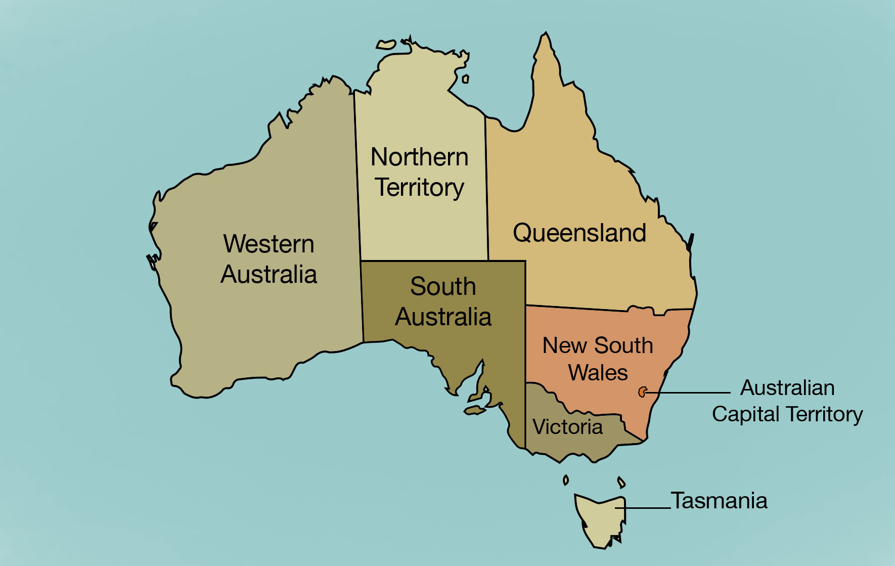 Map of Australia, showing states and territories