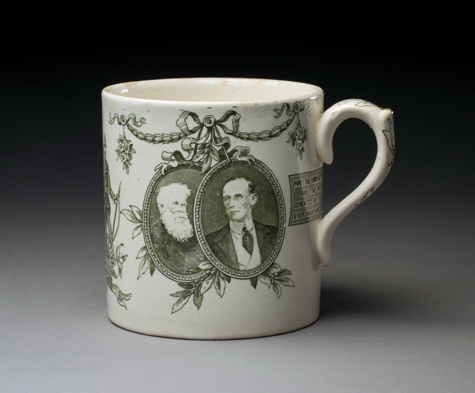 <p>A commemorative Federation mug with portraits of Sir Henry Parkes and the Governor-General, Lord Hopetoun</p>
