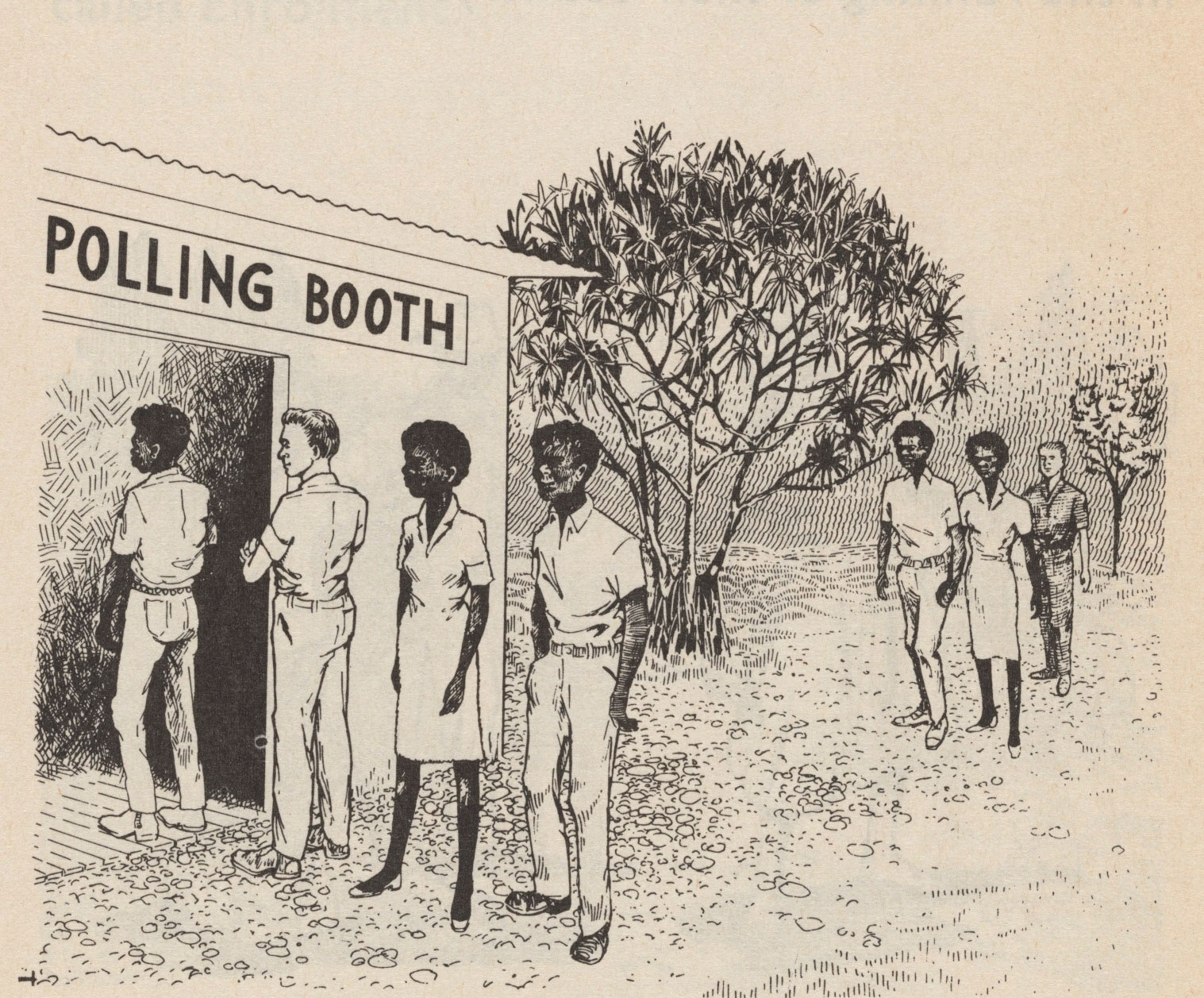 Illustration of people, including Aboriginal people, voting, 1970.