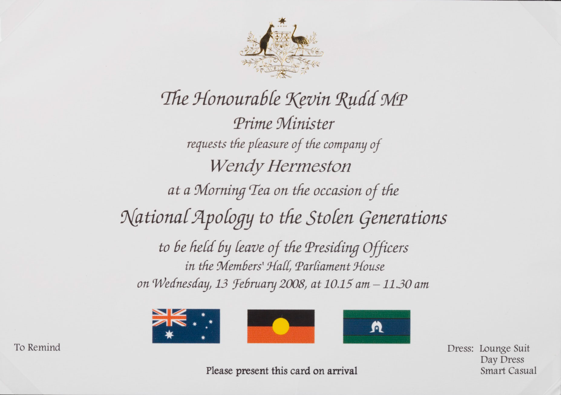 <p>Invitation to former Link-Up (NSW) caseworker Wendy Hermeston from the Prime Minister, to attend the national apology to the Stolen Generations</p>
