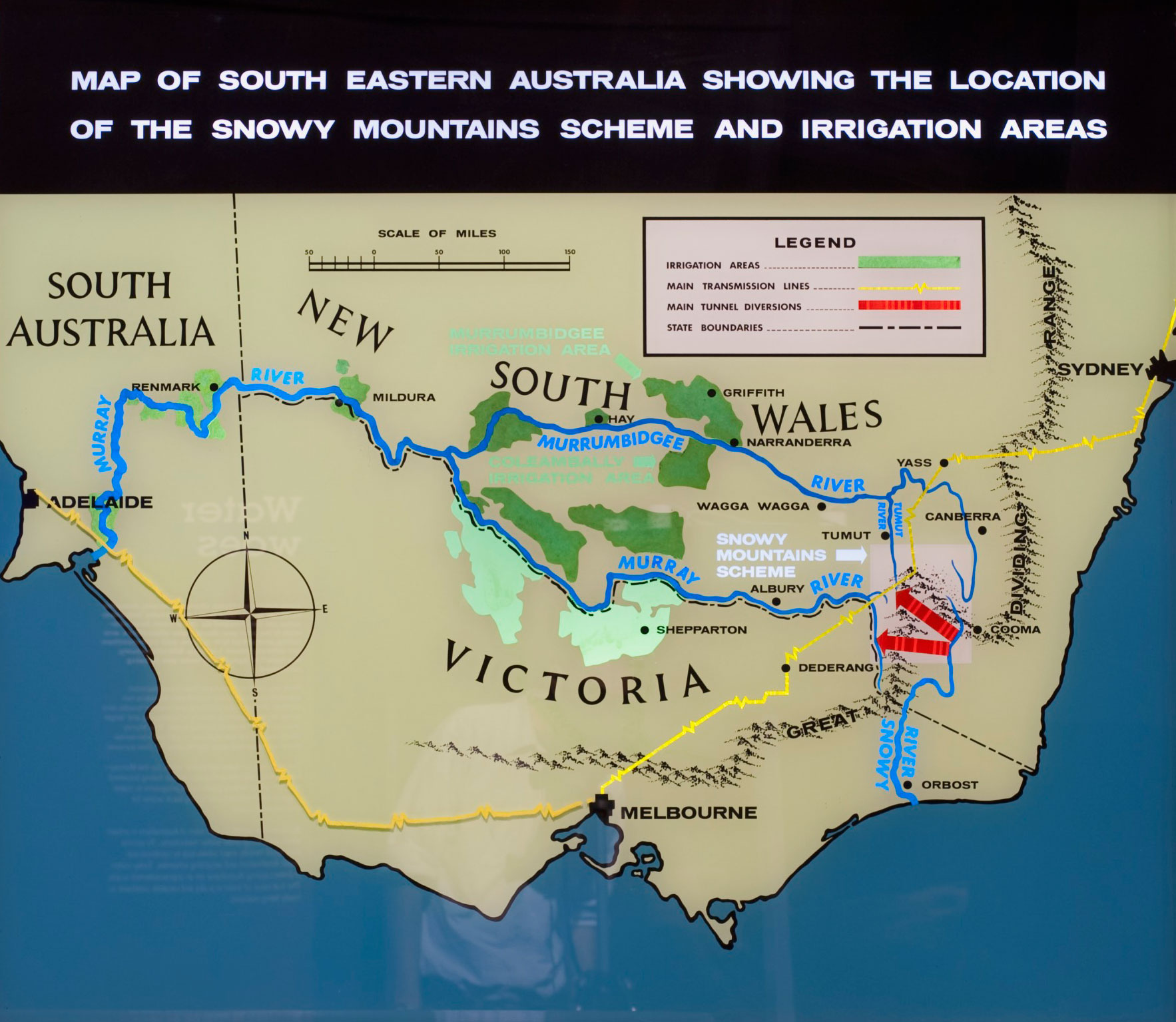 <p>Light box showing a map of the Snowy Mountains Hydro Scheme and the areas it would irrigate</p>