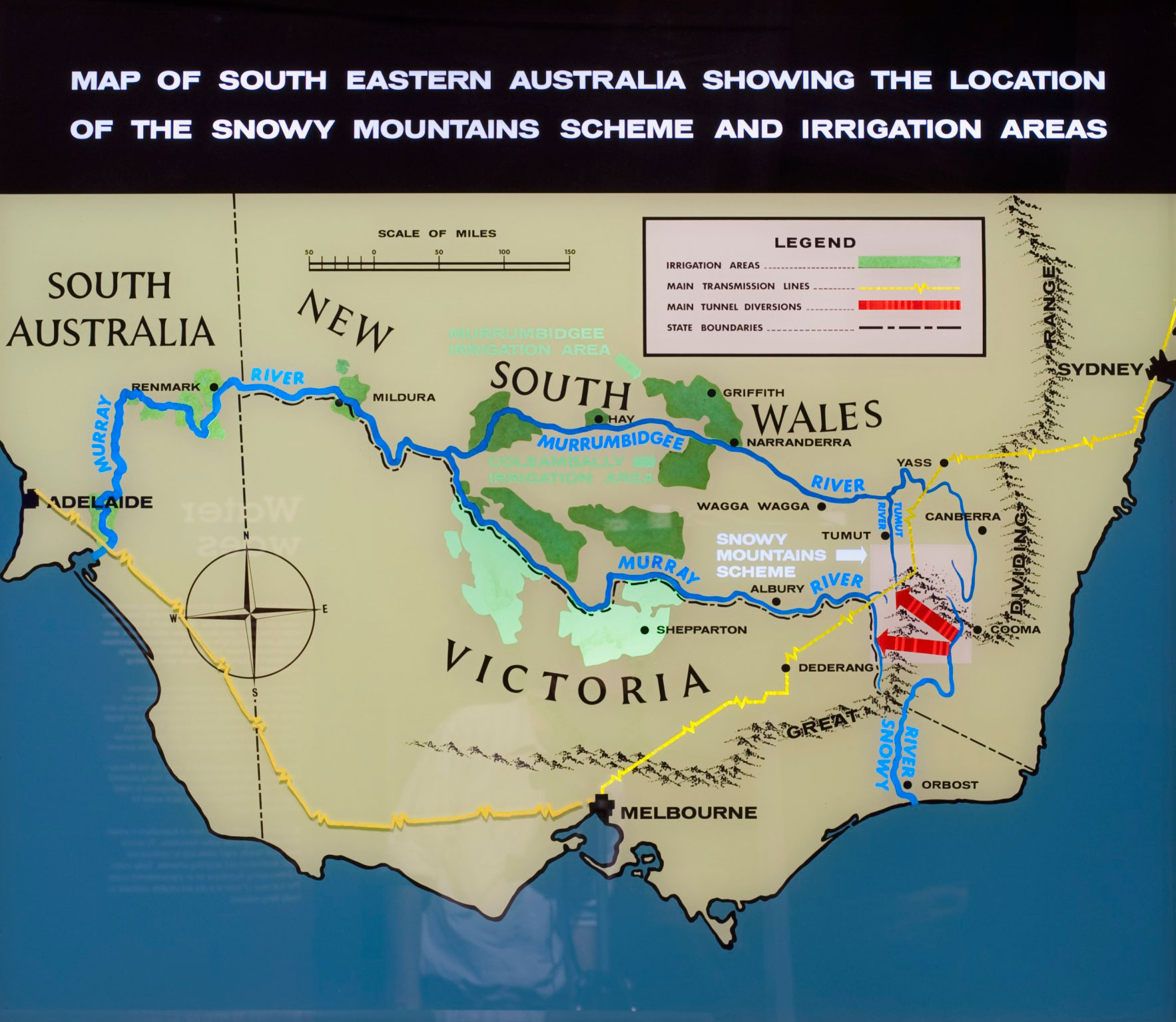 Light box showing a map of the Snowy Mountains Hydro Scheme and the areas it would irrigate.