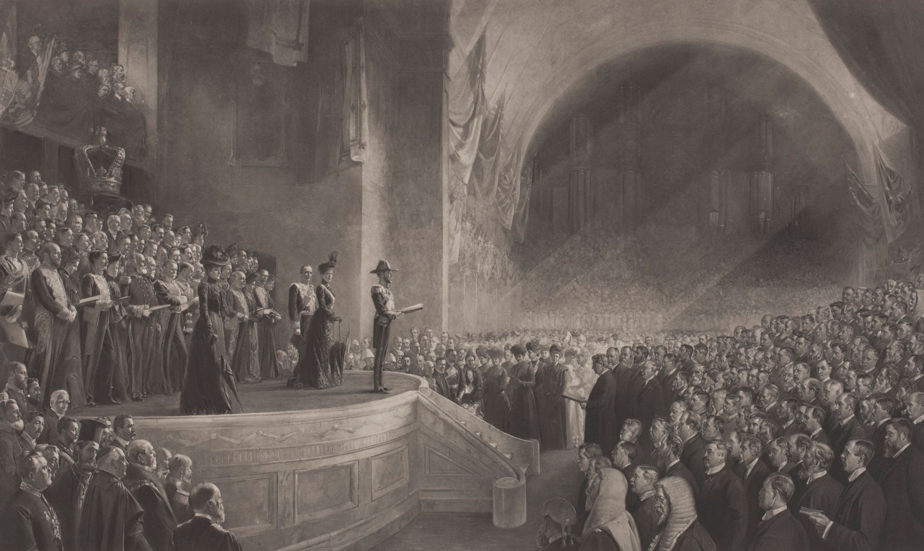 <p><em>Opening of the First Parliament of the Commonwealth of Australia by HRH The Duke of Cornwall and York (Later HM King George V), May 9, 1901, </em>by Tom Roberts</p>

