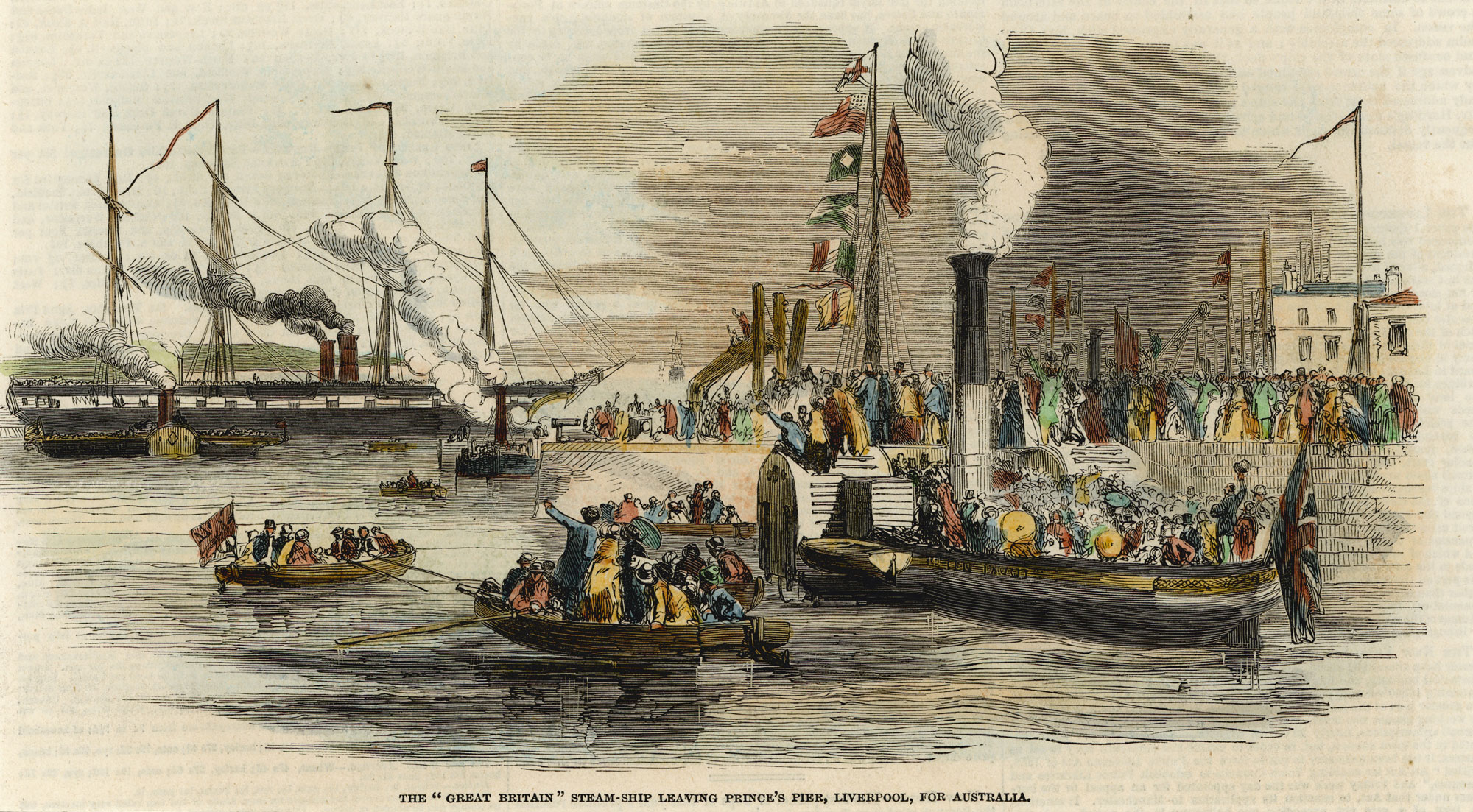 The SS Great Britain steam ship leaving Prince’s Pier, Liverpool, for Australia, 1852.