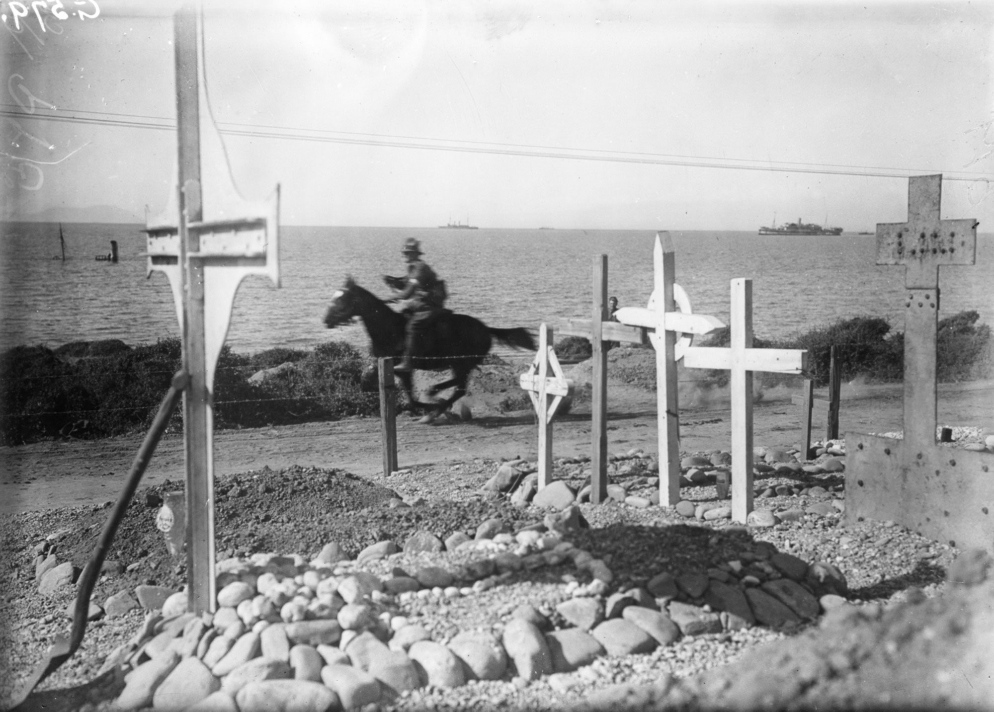 A despatch rider (messenger) galloping from Suvla Bay to Anzac Cove to avoid being sniped at, Gallipoli, 1915.