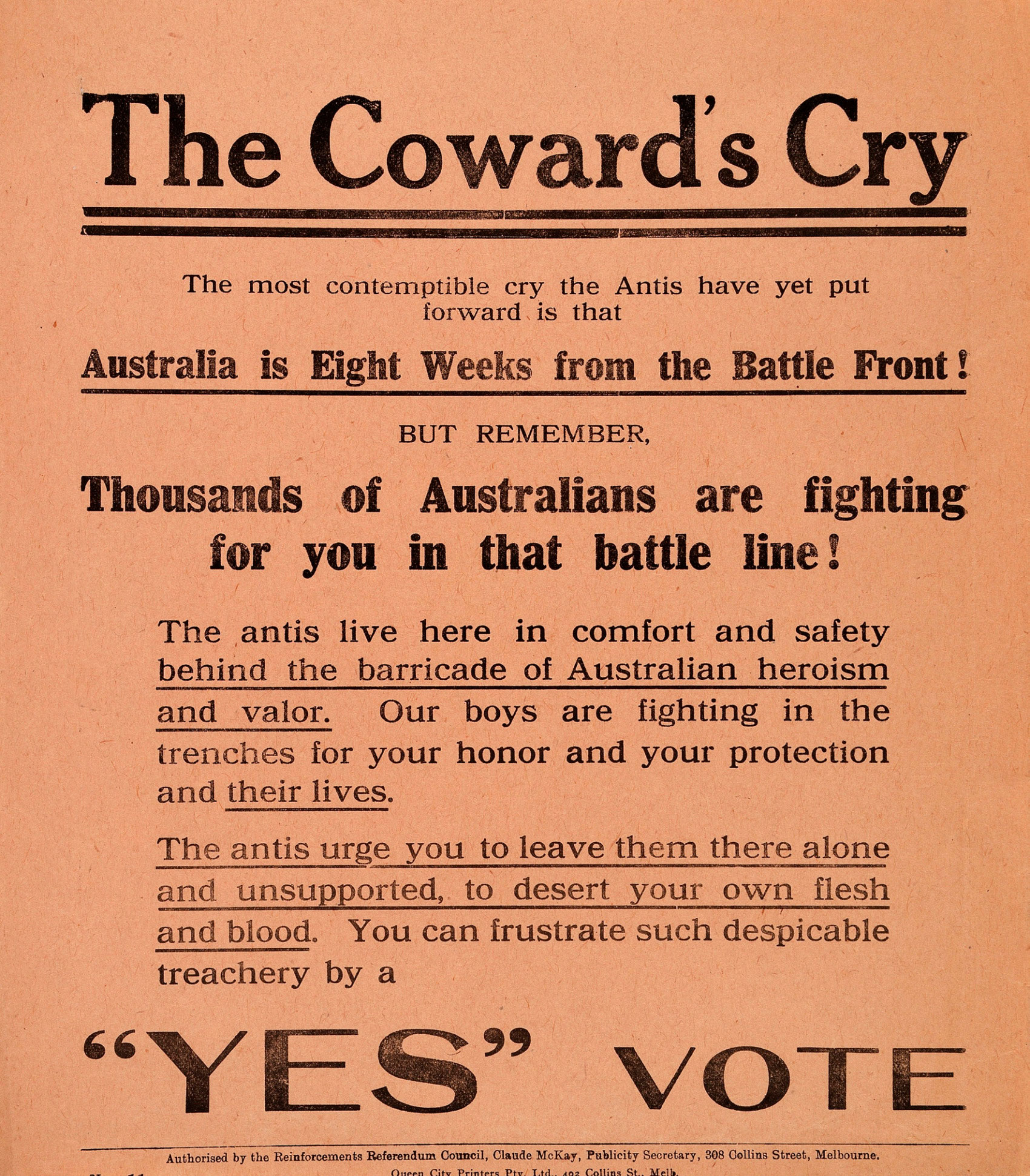 ‘The coward’s cry’ leaflet, 1917.
