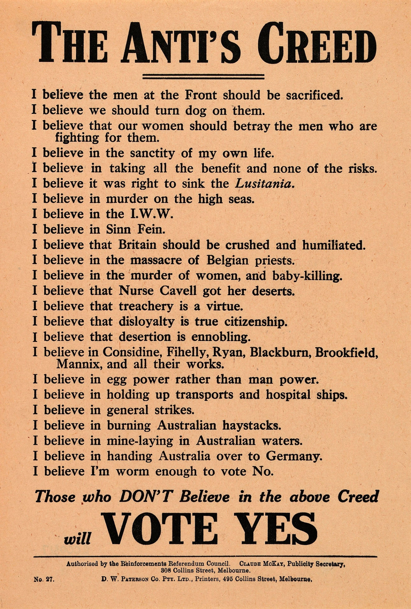 ‘The anti’s creed’ leaflet, 1917.