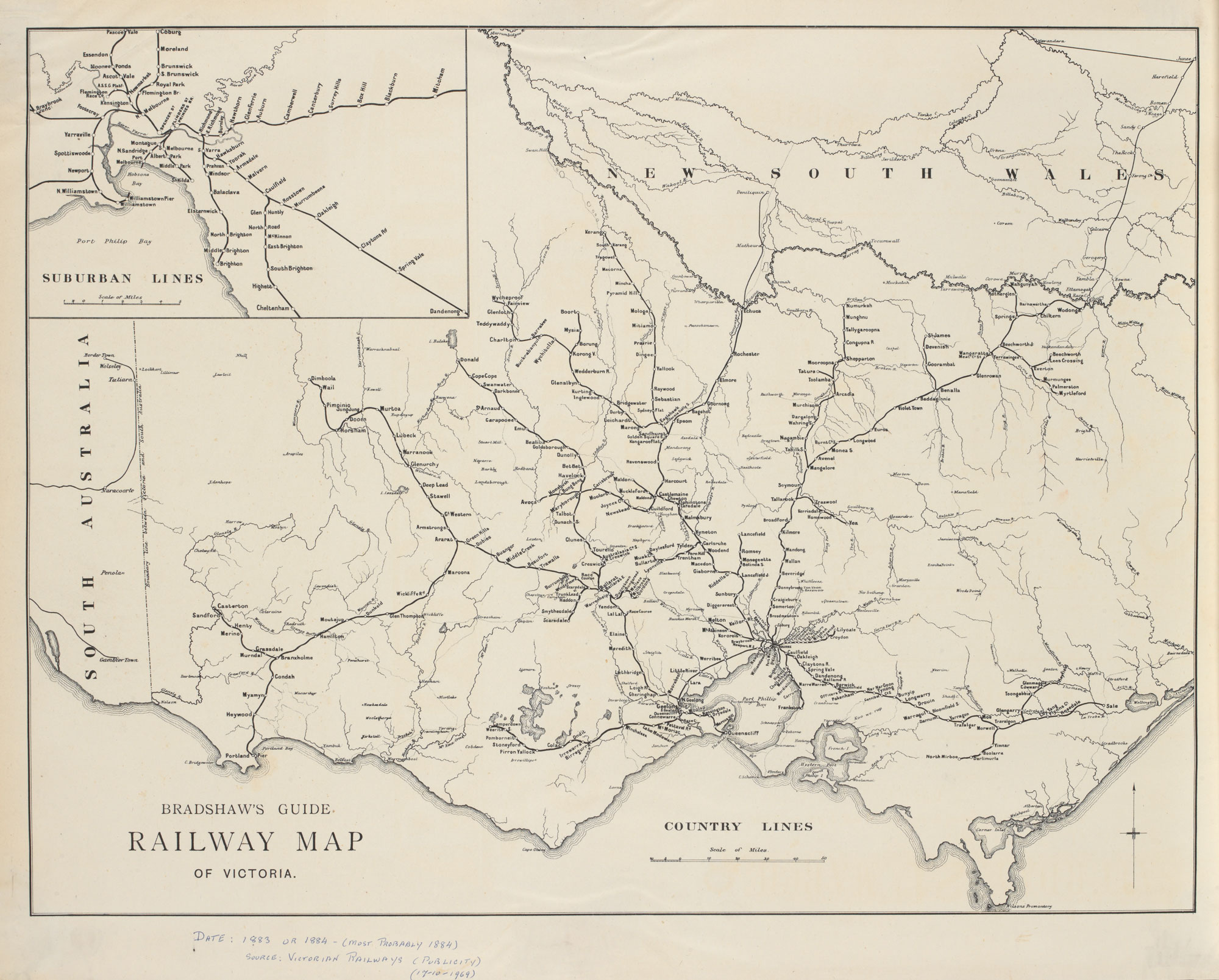 <p>Bradshaw’s Guide railway map of Victoria, 1884</p>
