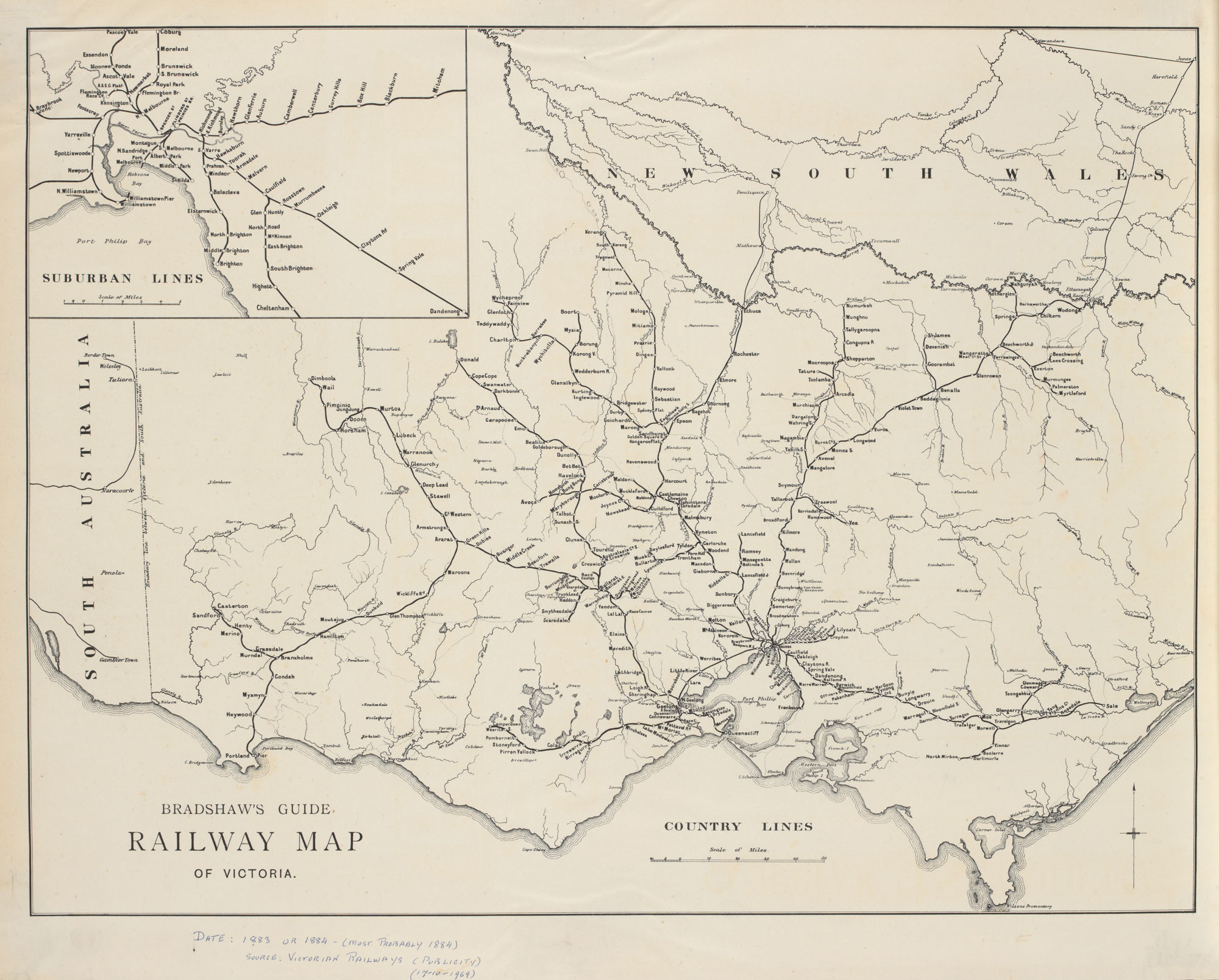 <p>Bradshaw’s Guide railway map of Victoria, 1884</p>
