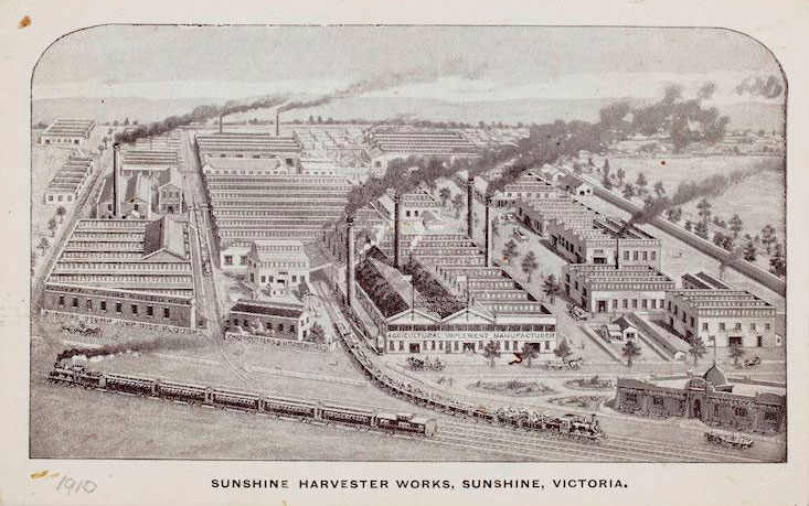 <p>Aerial view of the Sunshine Harvester Factory, about 1910</p>