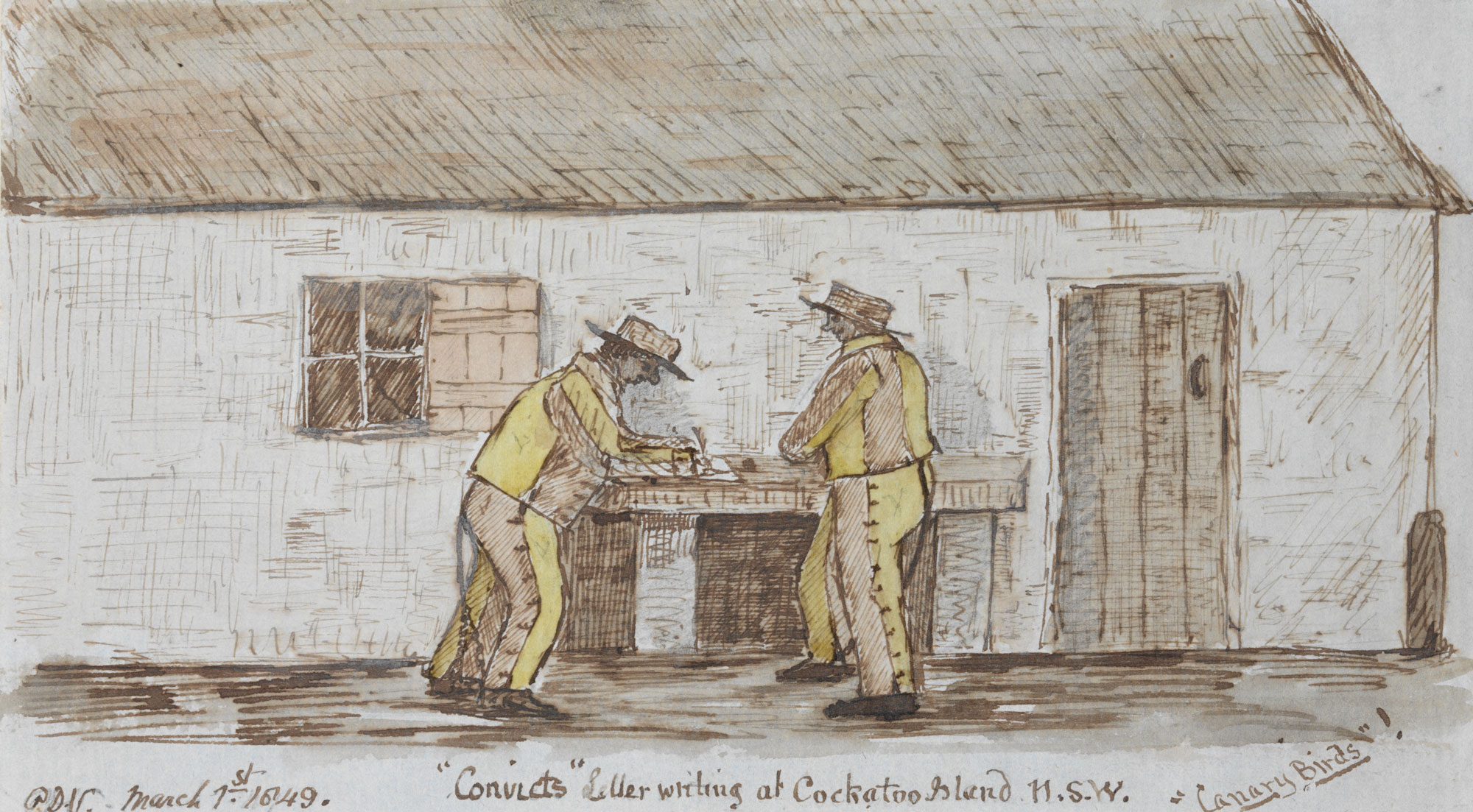 <p>‘Convicts letter writing at Cockatoo Island N.S.W.’, by Philip Doyne Vigors, 1849</p>
