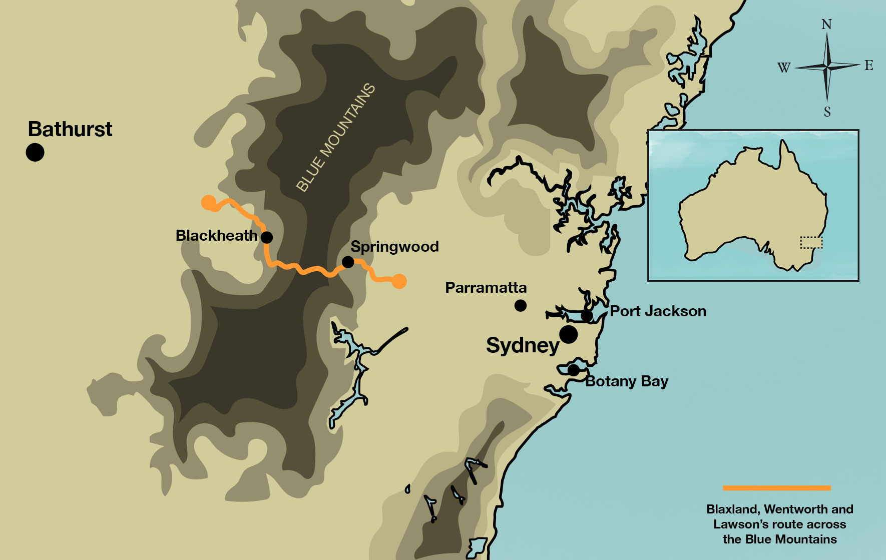 <p>Map showing 1813 route across the Blue Mountains</p>
