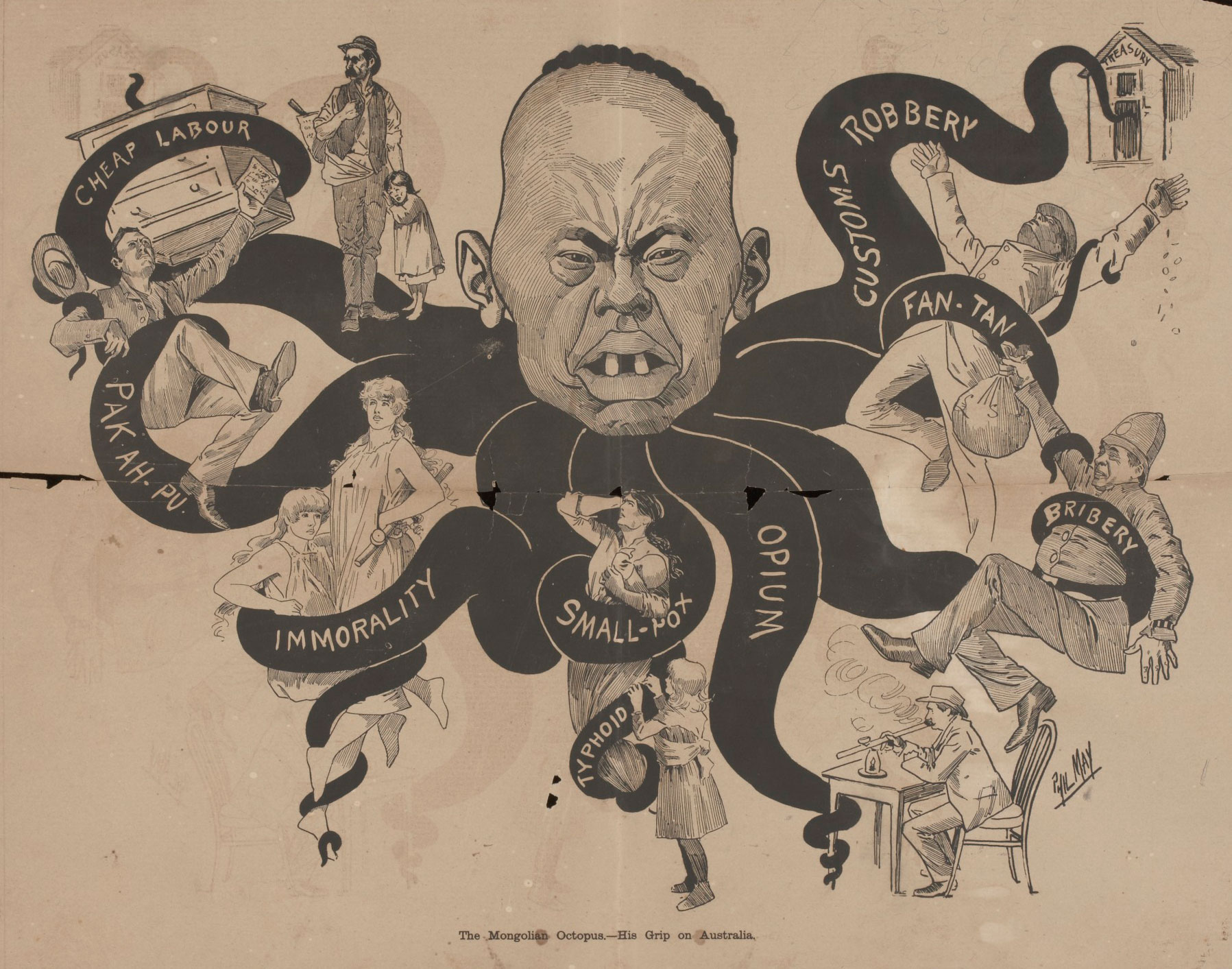 <p>An anti-Chinese cartoon titled ‘The Mongolian Octopus’, published in the <em>Bulletin</em> in 1886</p>
