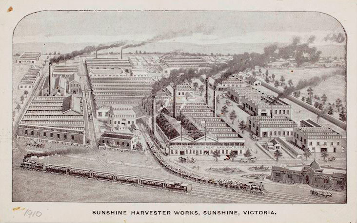 Postcard showing the exterior of the Sunshine Harvester Works.