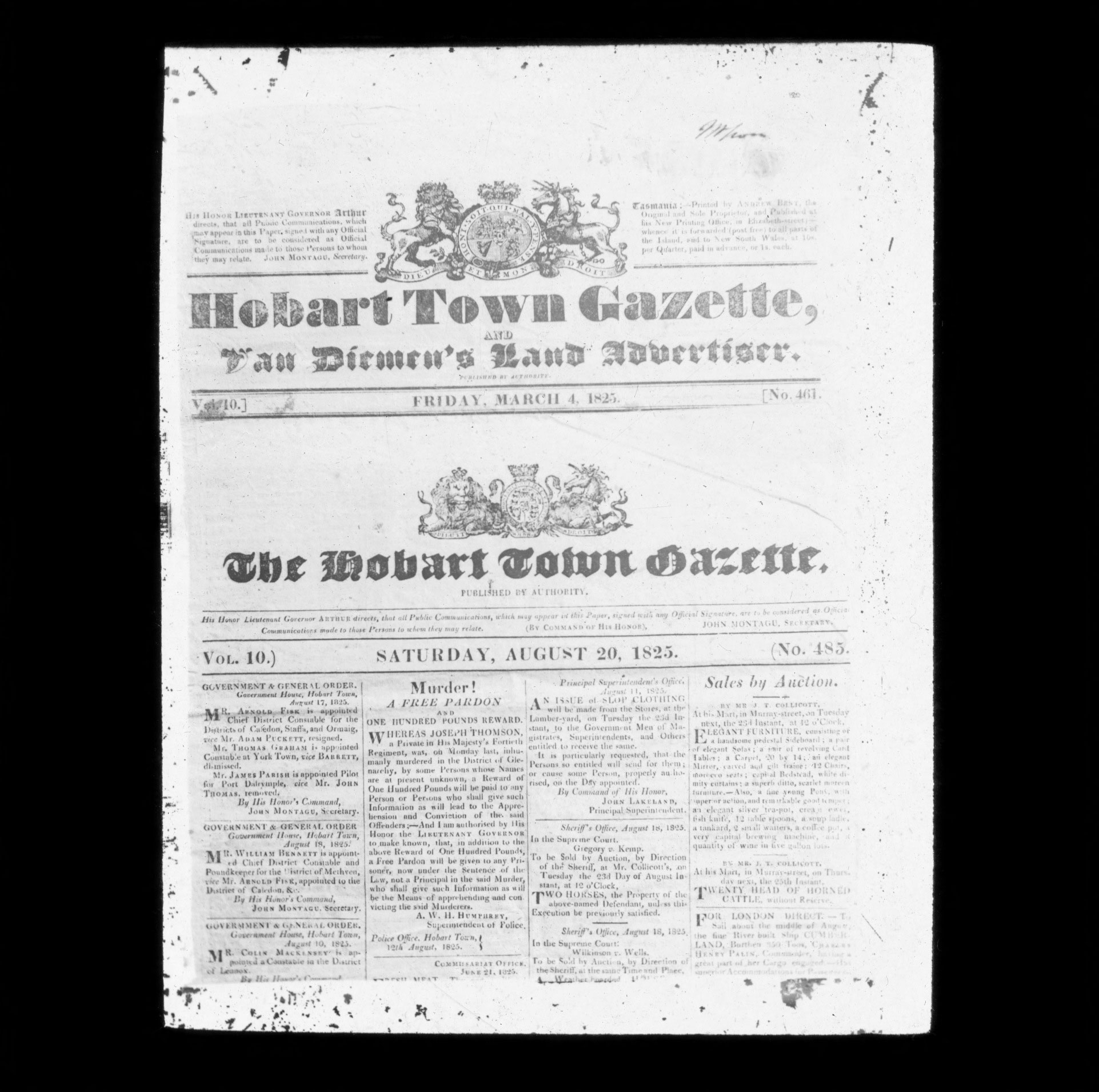 Front page of the Hobart Town Gazette, 4 March 1825