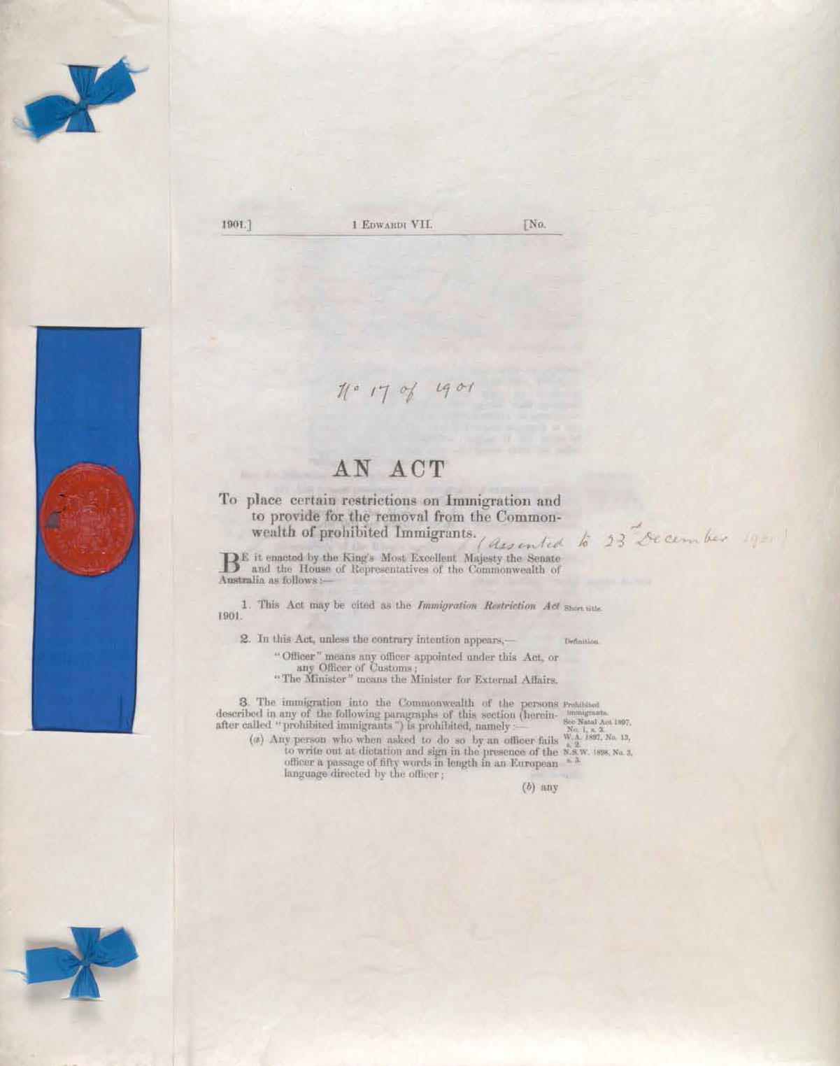 First page of the Immigration Restriction Act 1901
