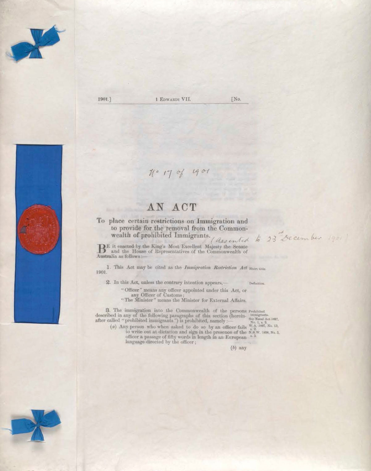 <p>First page of the<em> Immigration Restriction Act 1901</em></p>