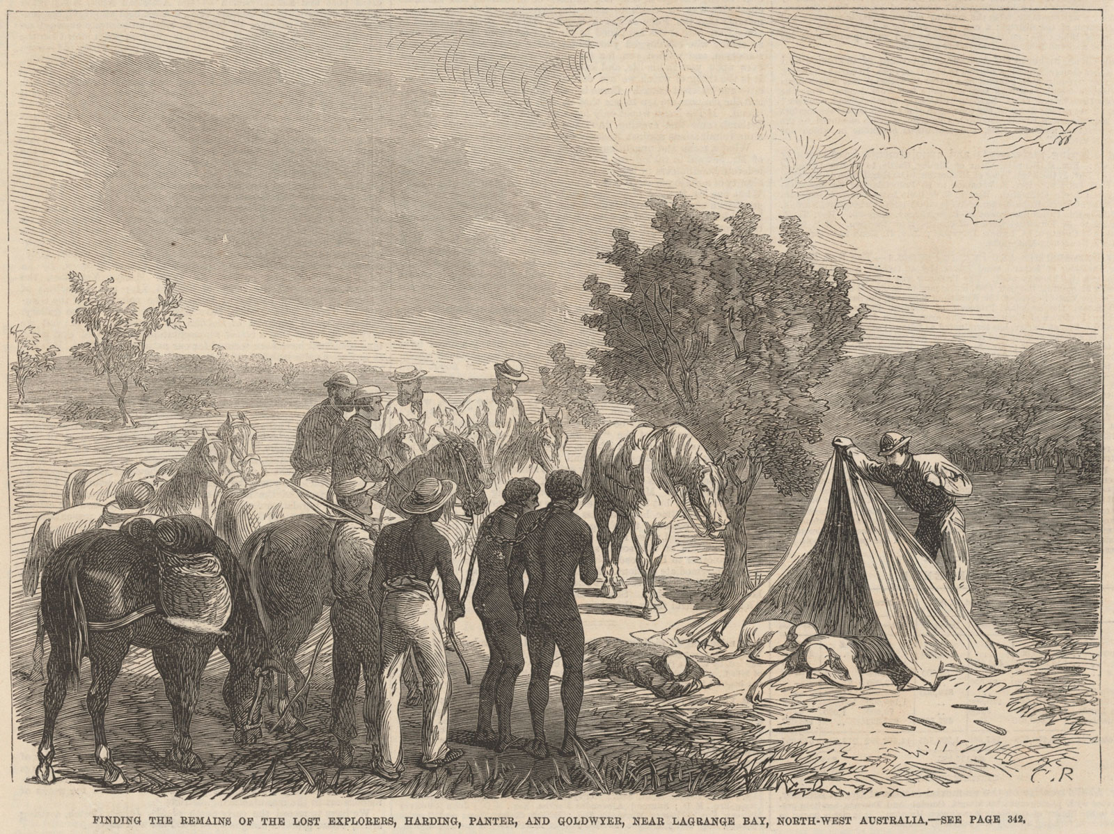 Illustration of the discovery of the bodies of colonial explorers Frederick Panter, James Harding and William Goldwyer, published 1865.