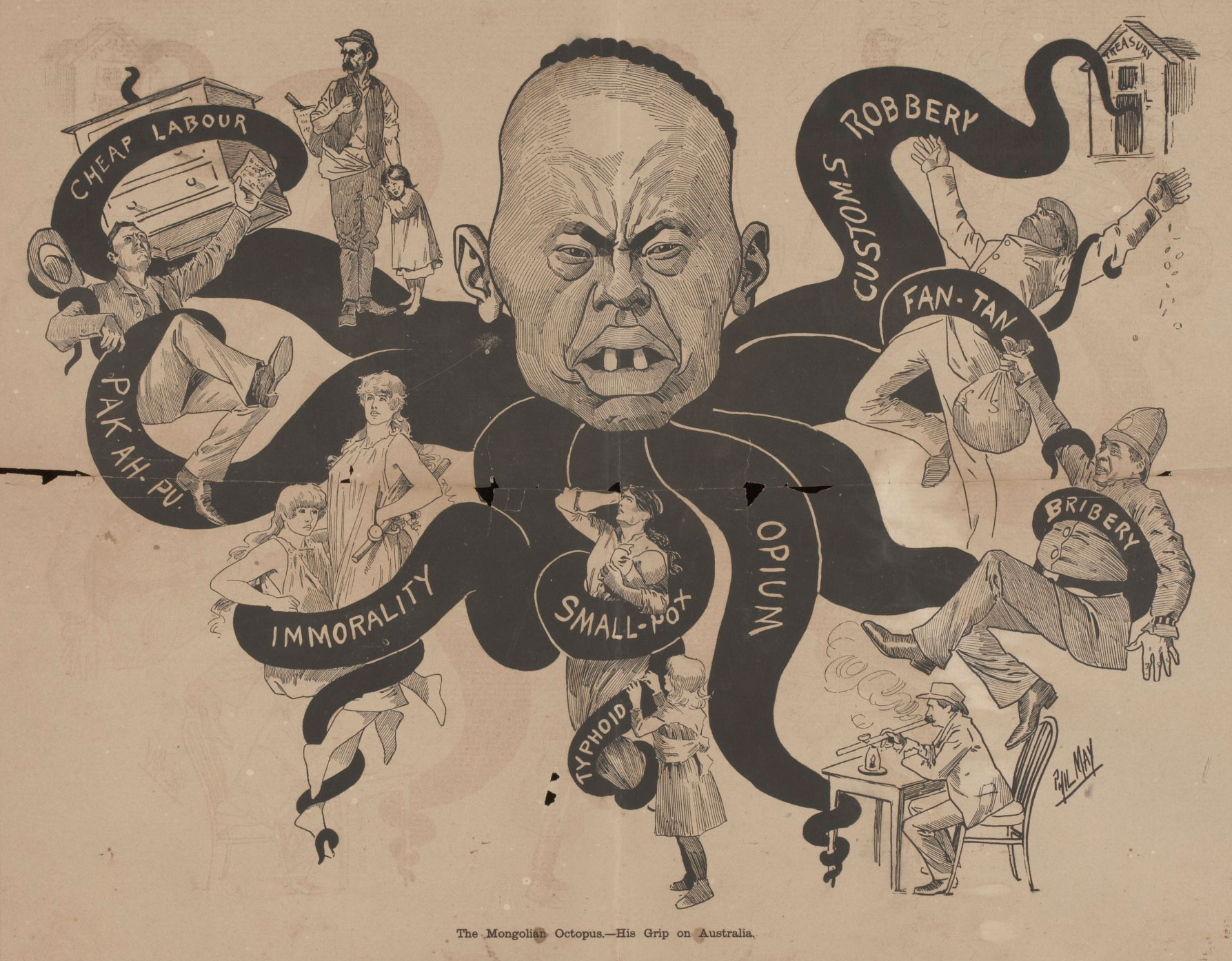 <p>An anti-Chinese cartoon titled ‘The Mongolian Octopus’, published in the <em>Bulletin</em> in 1886</p>