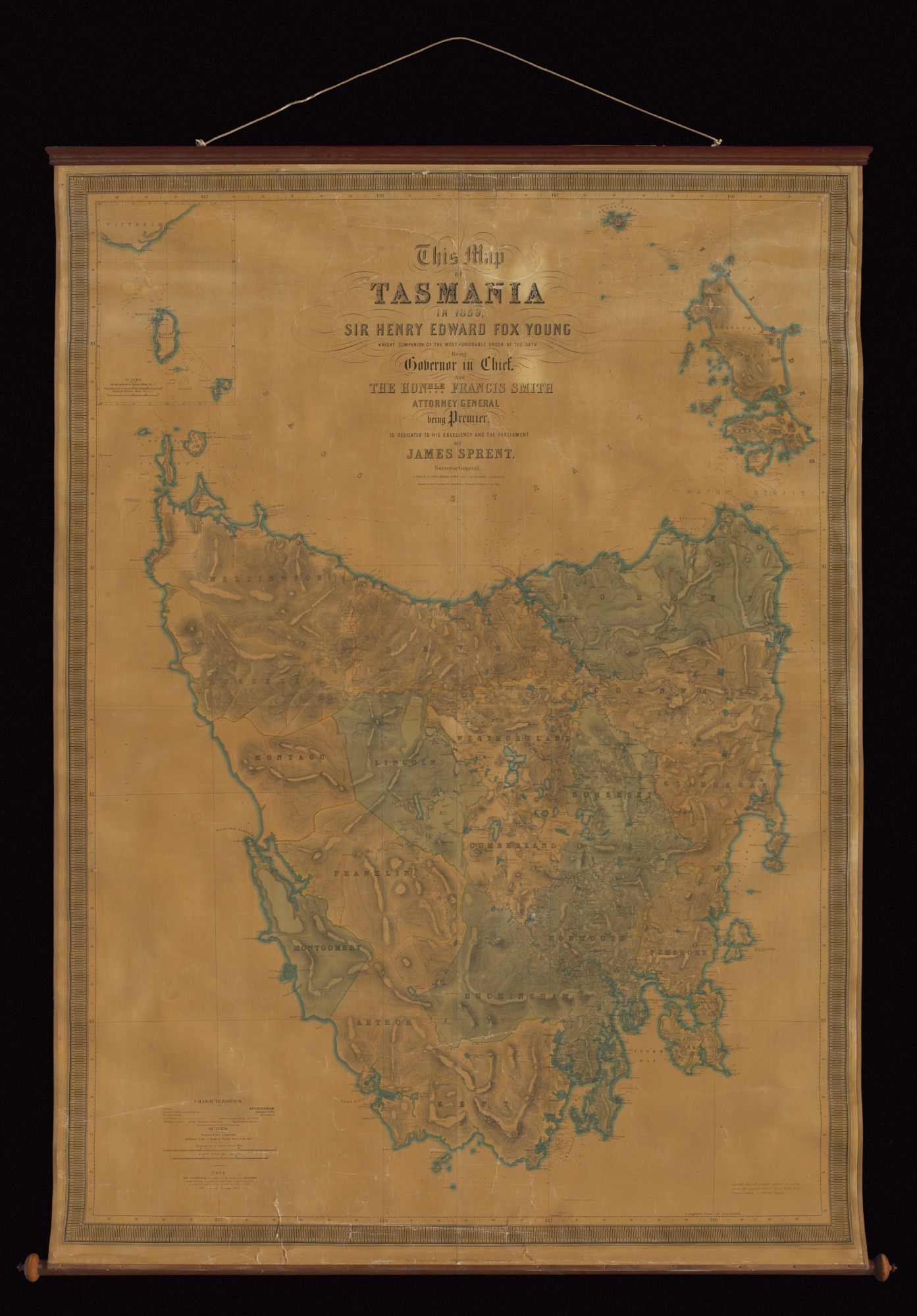 Map of Tasmania by James Sprent, 1859
