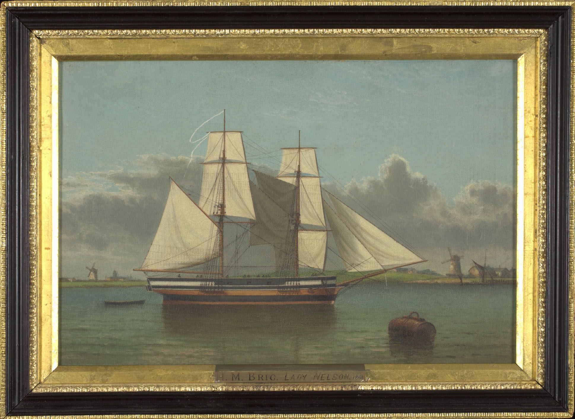 Oil painting of the ship called the Lady Nelson, which helped to establish the first European settlement in Tasmania.