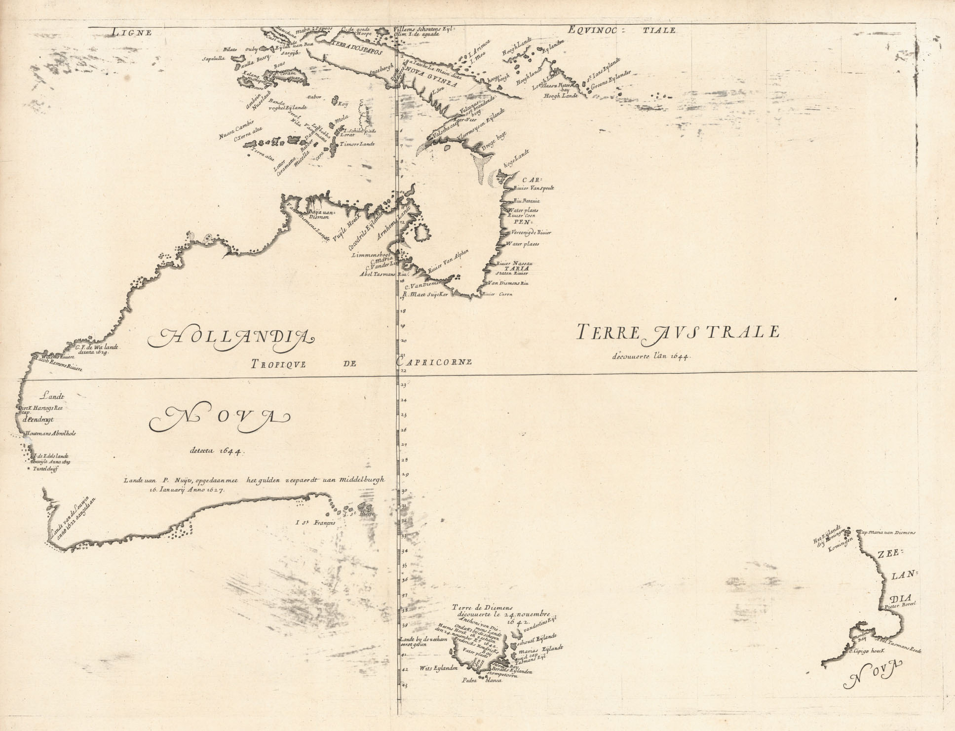 An early map of parts of Australia and nearby countries, made by Dutch explorers, 1644.