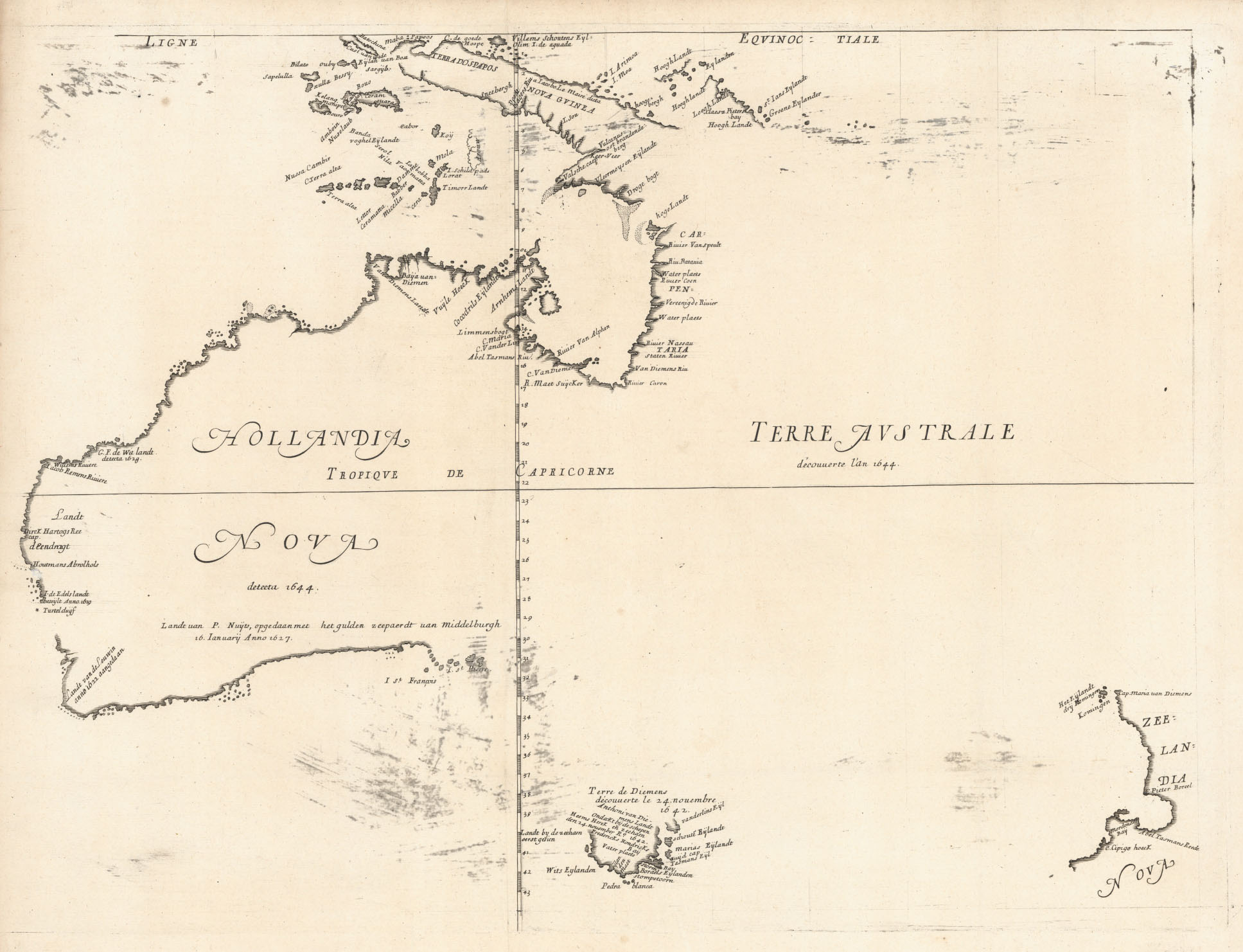 <p>An early map of parts of Australia and nearby countries, made by Dutch explorers, 1644</p>