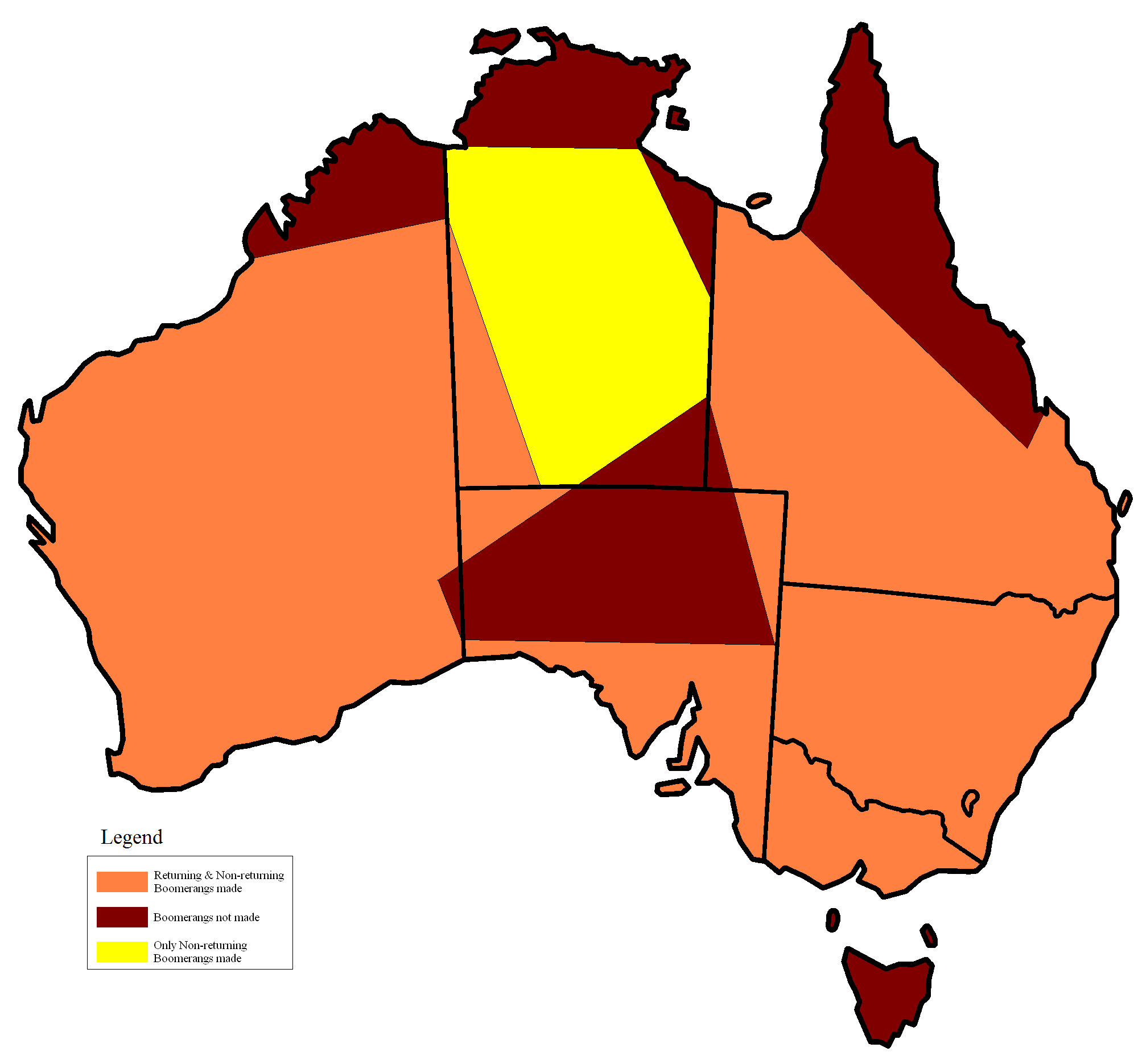 Map of Australia showing the distribution of boomerangs.