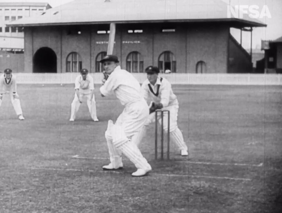 Film still from video of Don Bradman, the ‘prince of batsmen’ (1930 & 1938).