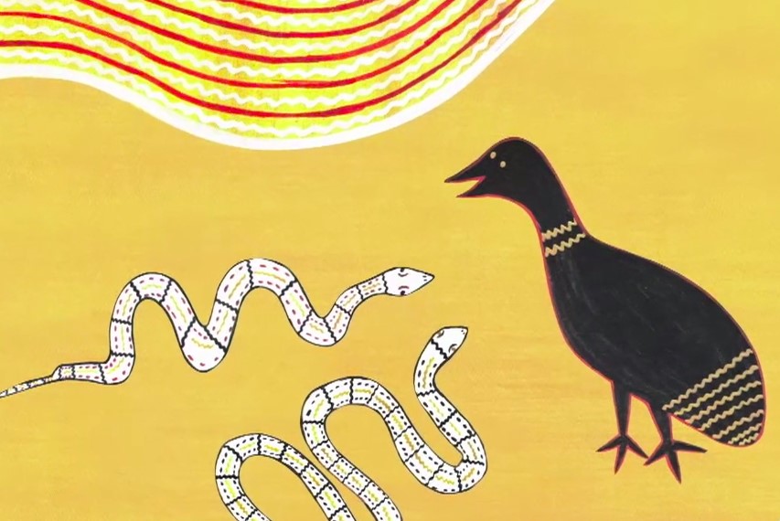 An artwork with a yellow background that features a white decorated snake on the left and a black bird on the right. the top left and right corner and the bottom centre of the painting feature curved lines in brown and white.