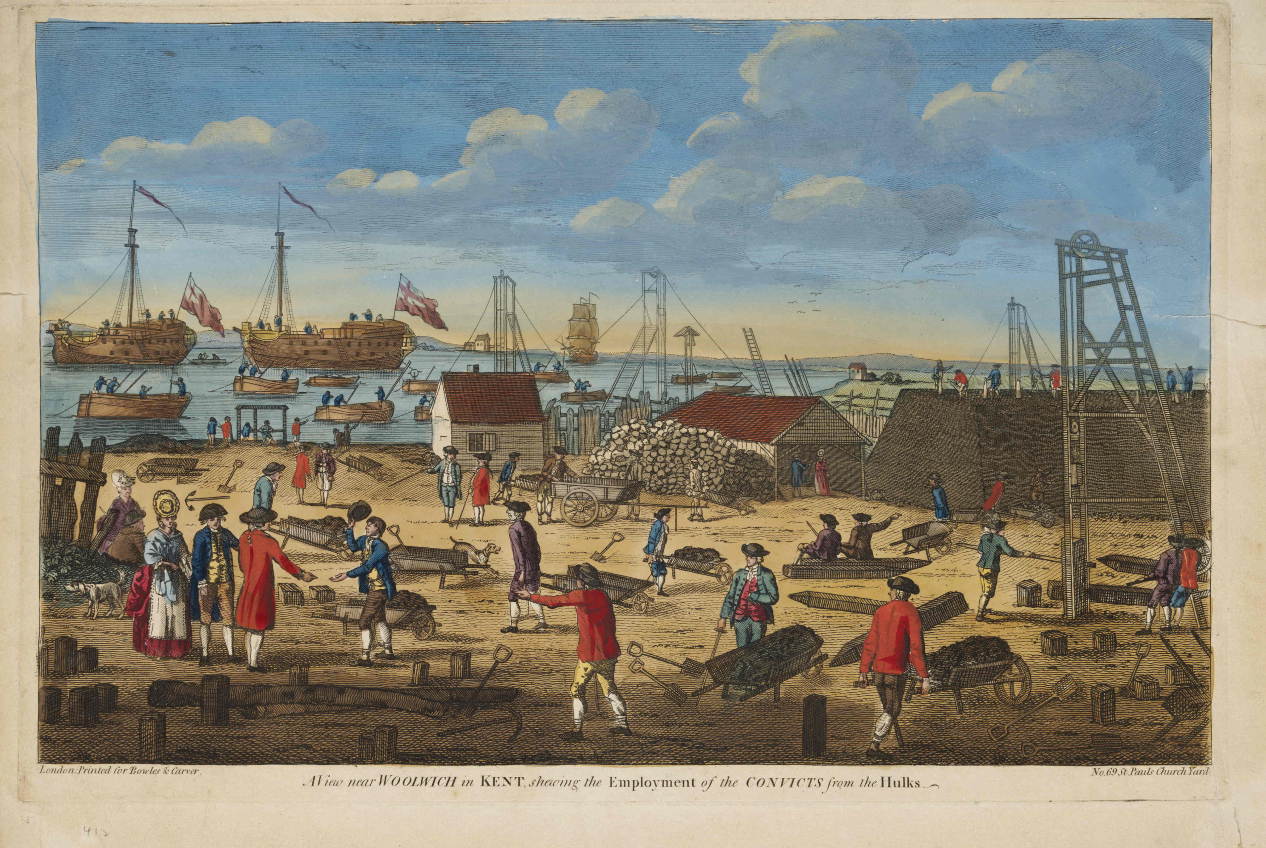 ‘View near Woolwich in Kent shewing [sic] the employment of the convicts from the hulks’, about 1800.​​​​​​​