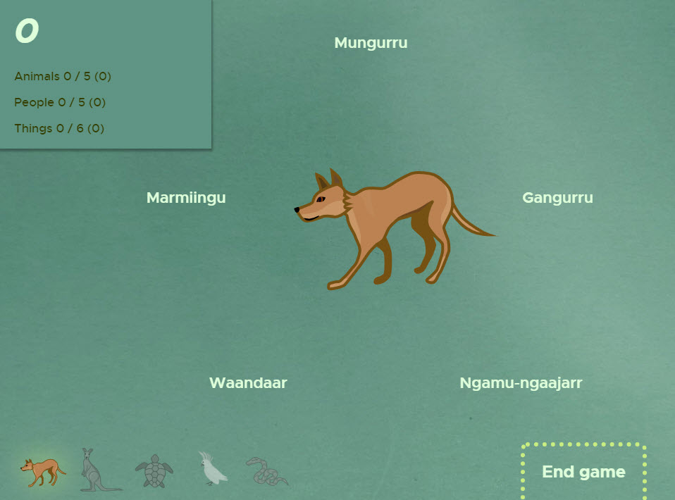 Graphic showing a dingo surrounded by Guugu Yimidhirr words on an aqua background.