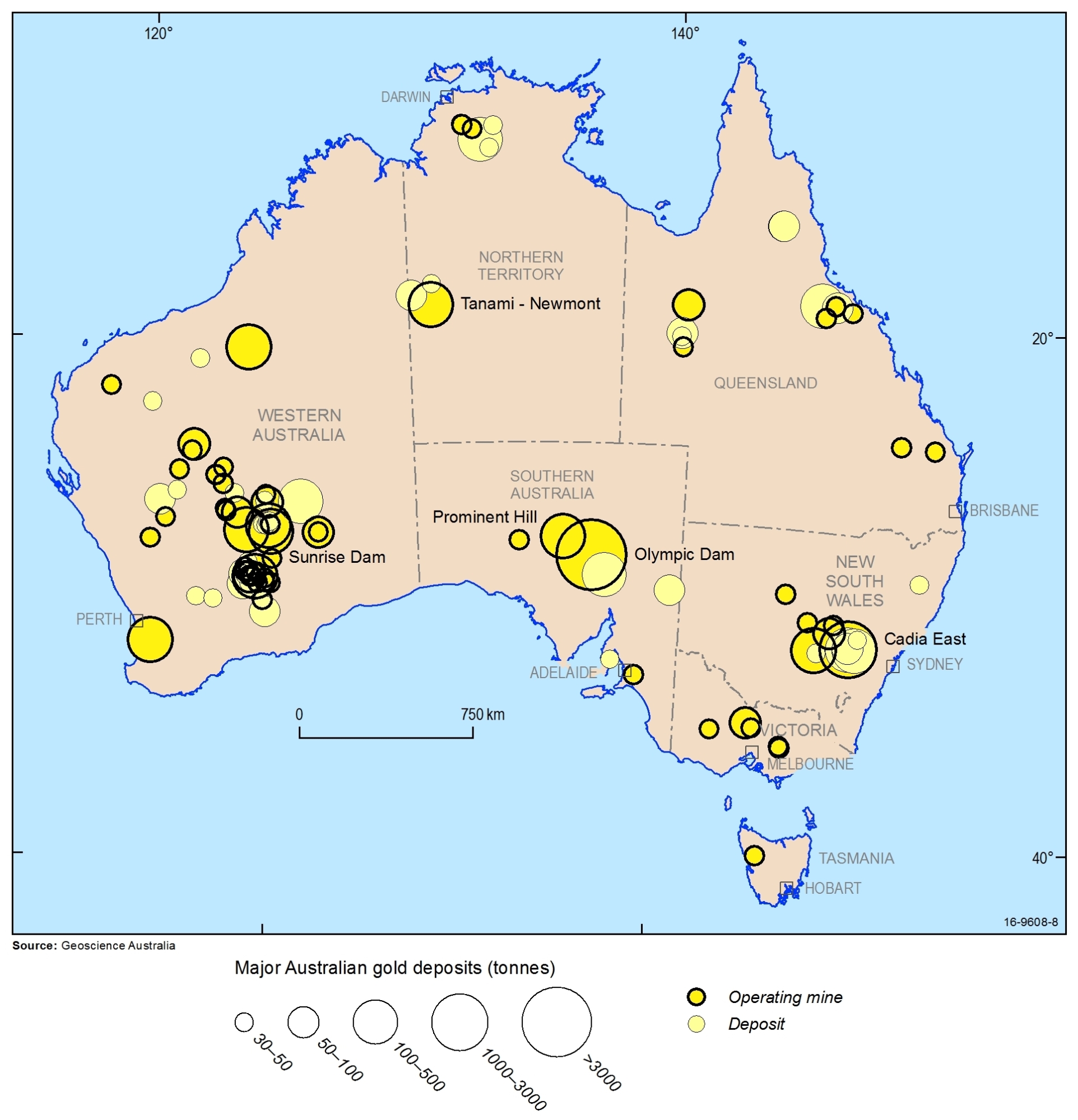 <p>Australia's gold deposits and operating mines</p>

