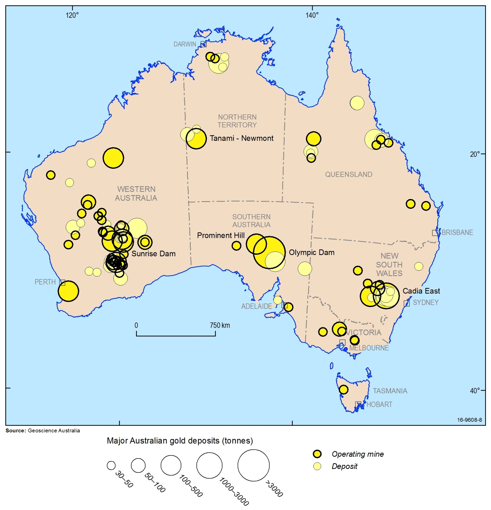 <p>Australia's gold deposits and operating mines</p>
