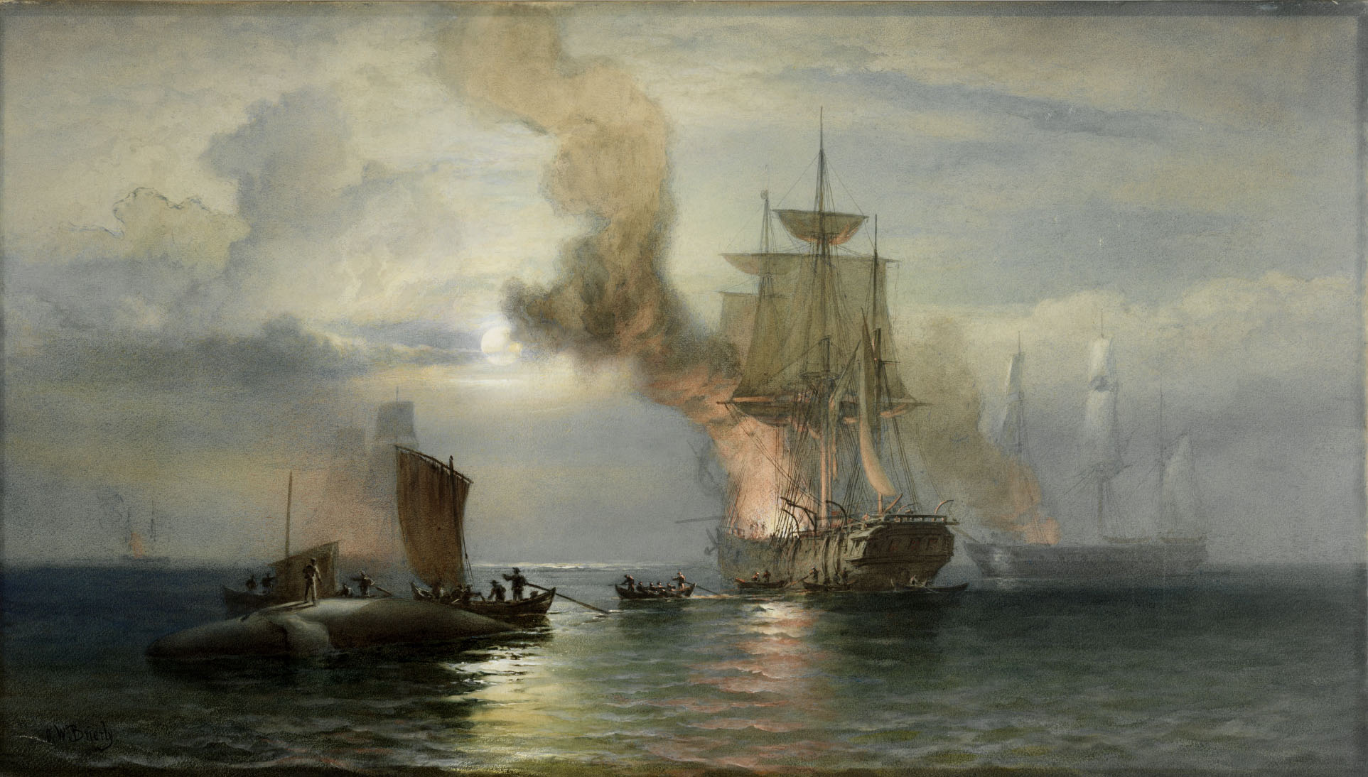 South Sea Whalers boiling blubber / Boats preparing to get a whale alongside, 1876, by Oswald W. Brierly
