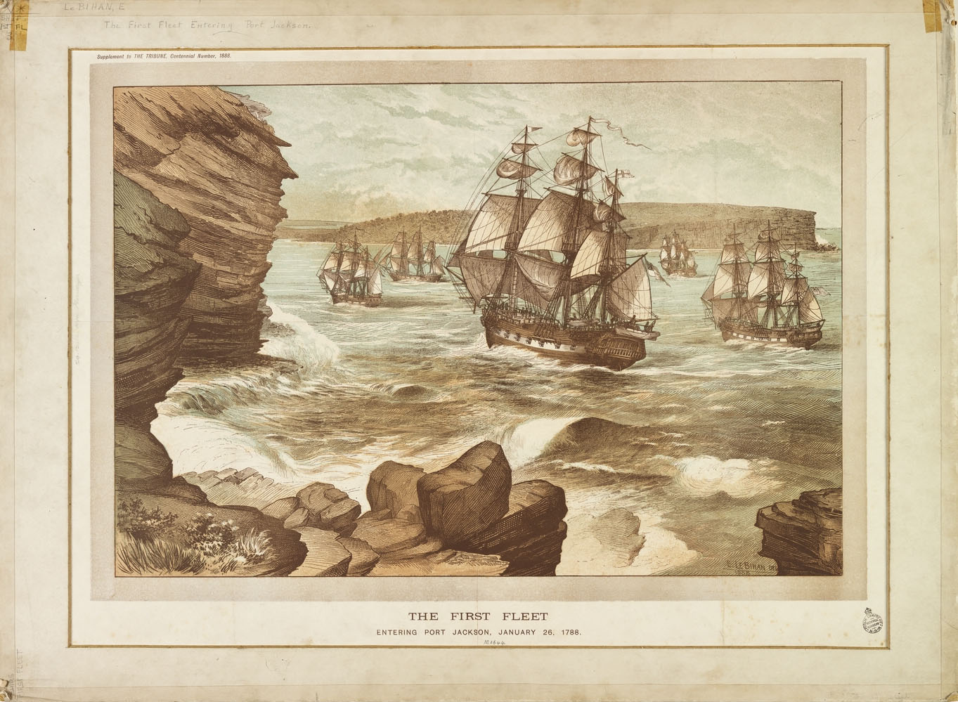 The First Fleet entering Port Jackson, January 26, 1788, by E. Le Bihan. Drawn in 1888