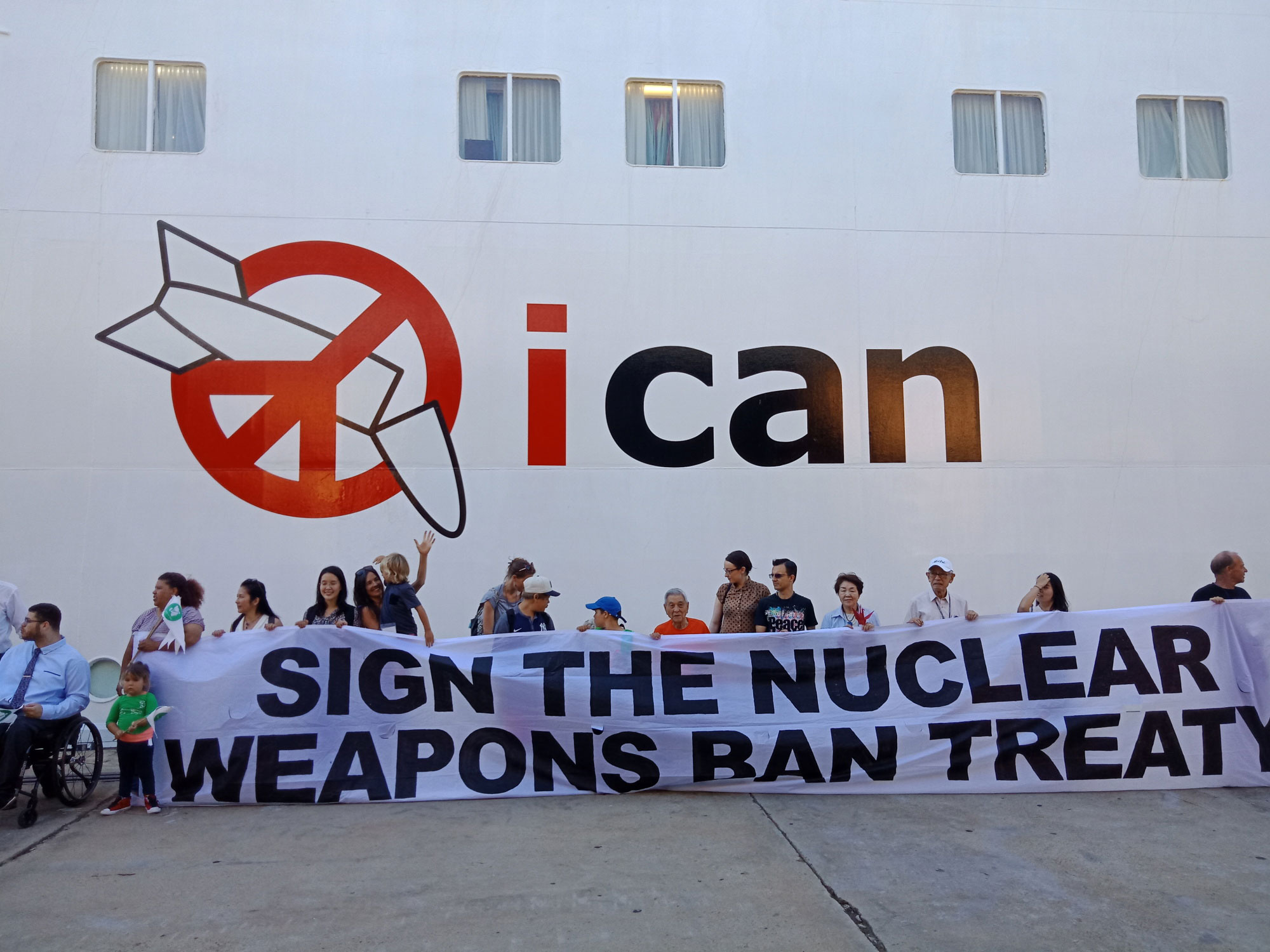 ICAN banner at Peace Boat visit to Fremantle, Western Australia, 25 January 2018