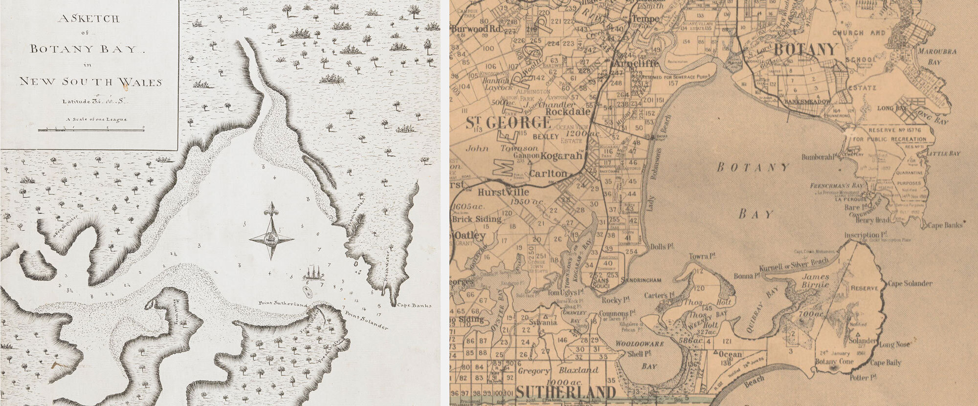Map 1: Section of a map of the County of Cumberland, New South Wales, 1894  Map 2: Chart of Botany Bay, 1770, by Lieutenant James Cook