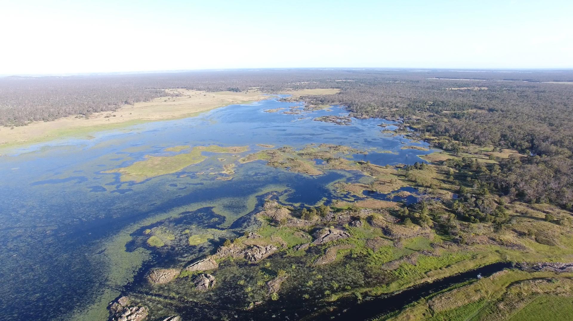 C: An aerial view of the lake and swamps at Budj Bim