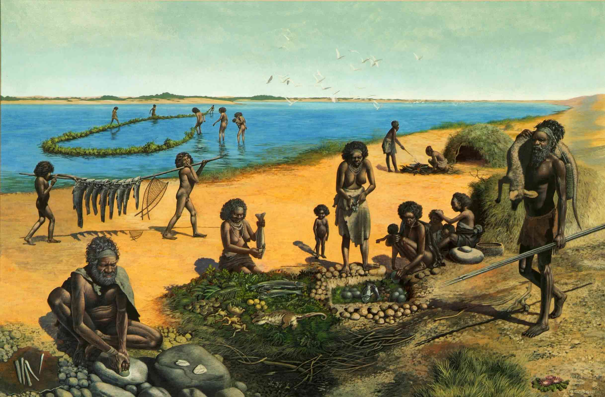 <p>Lake Mungo People, 1974, by artist and archaeologist Giovanni Caselli</p>