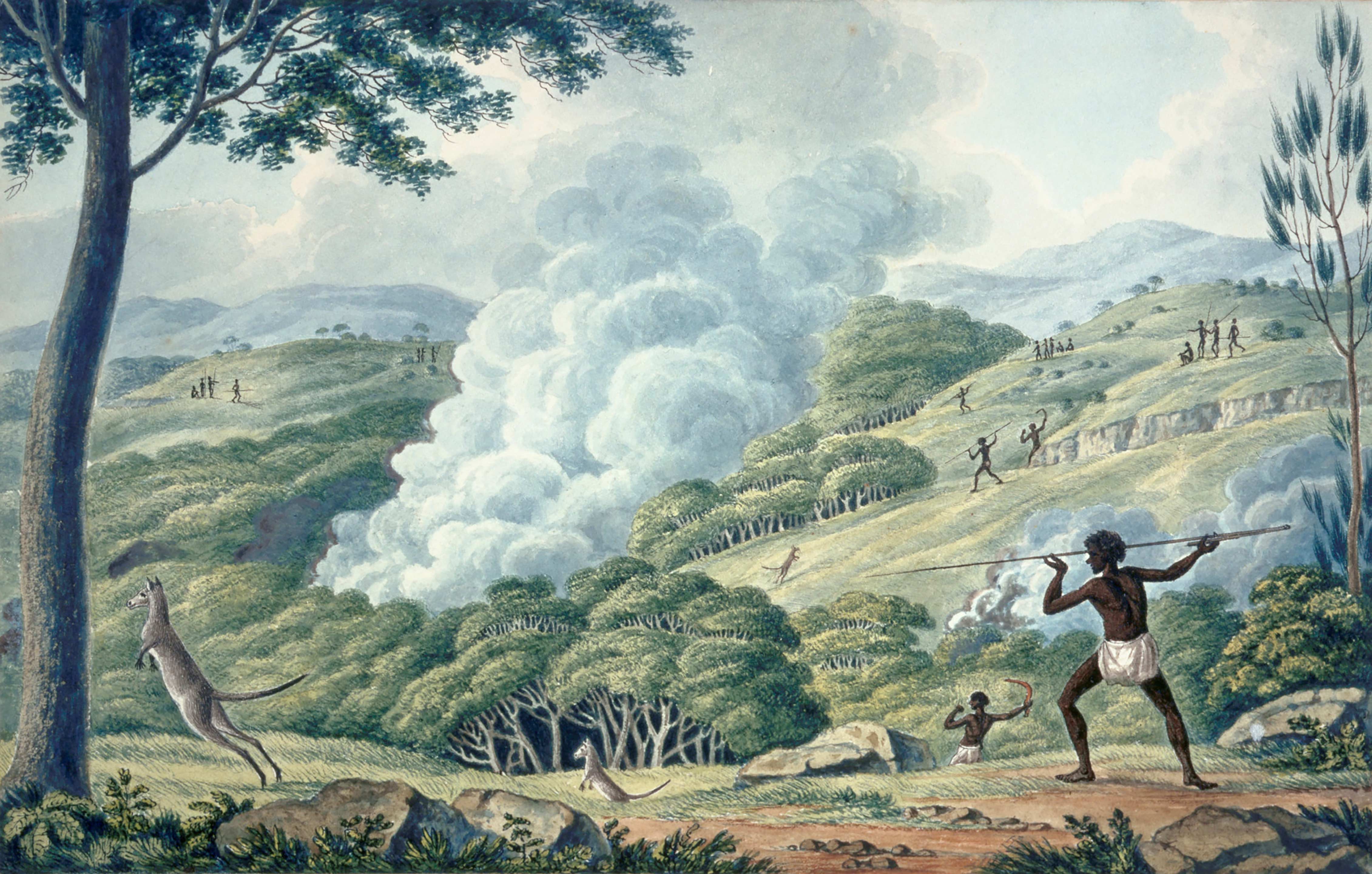 Aborigines using fire to hunt kangaroos, about 1817, Joseph Lycett