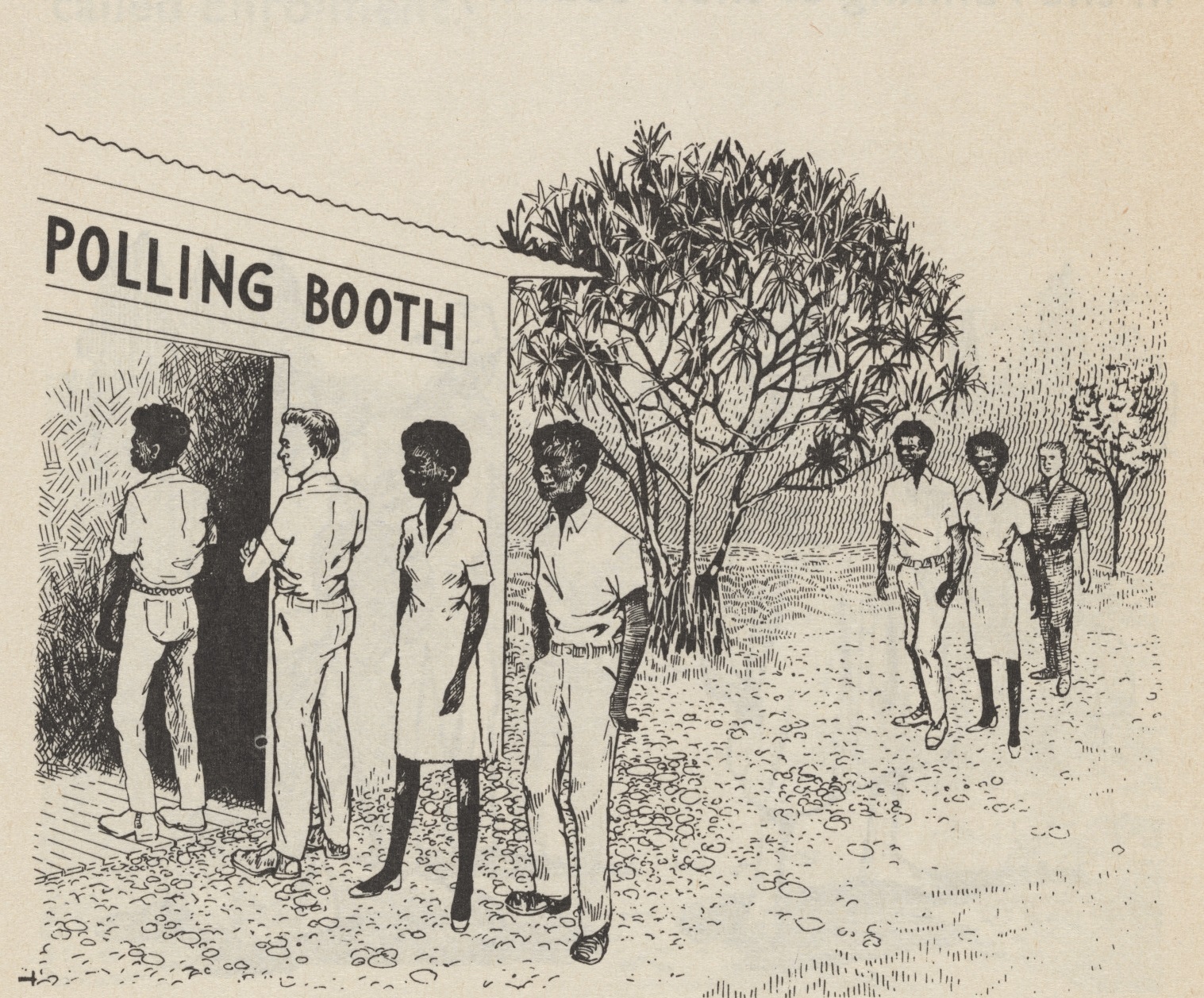 <p>Illustration of people, including Aboriginal people, voting. Produced in 1970 by the Western Australian government in order to educate people (especially in remote communities) about voting.</p>
