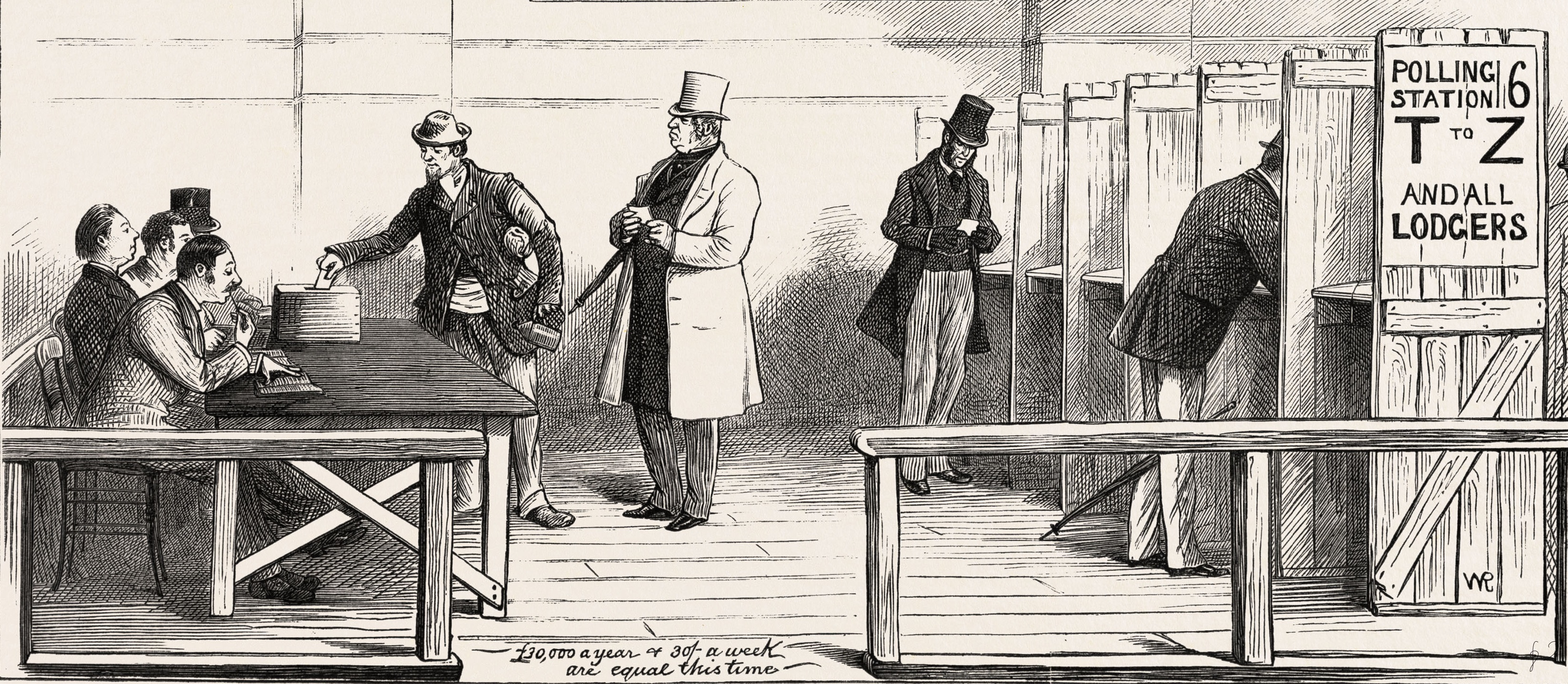 Men vote by secret ballot in the 1880 British general election