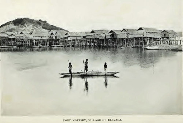 <p>Village of Elevara, Port Moresby, in <em>Papua or British New Guinea</em>, Sir Hubert Murray, 1914</p>
