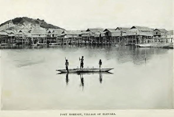 <p>Village of Elevara, Port Moresby, in <em>Papua or British New Guinea</em>, Sir Hubert Murray, 1914</p>
