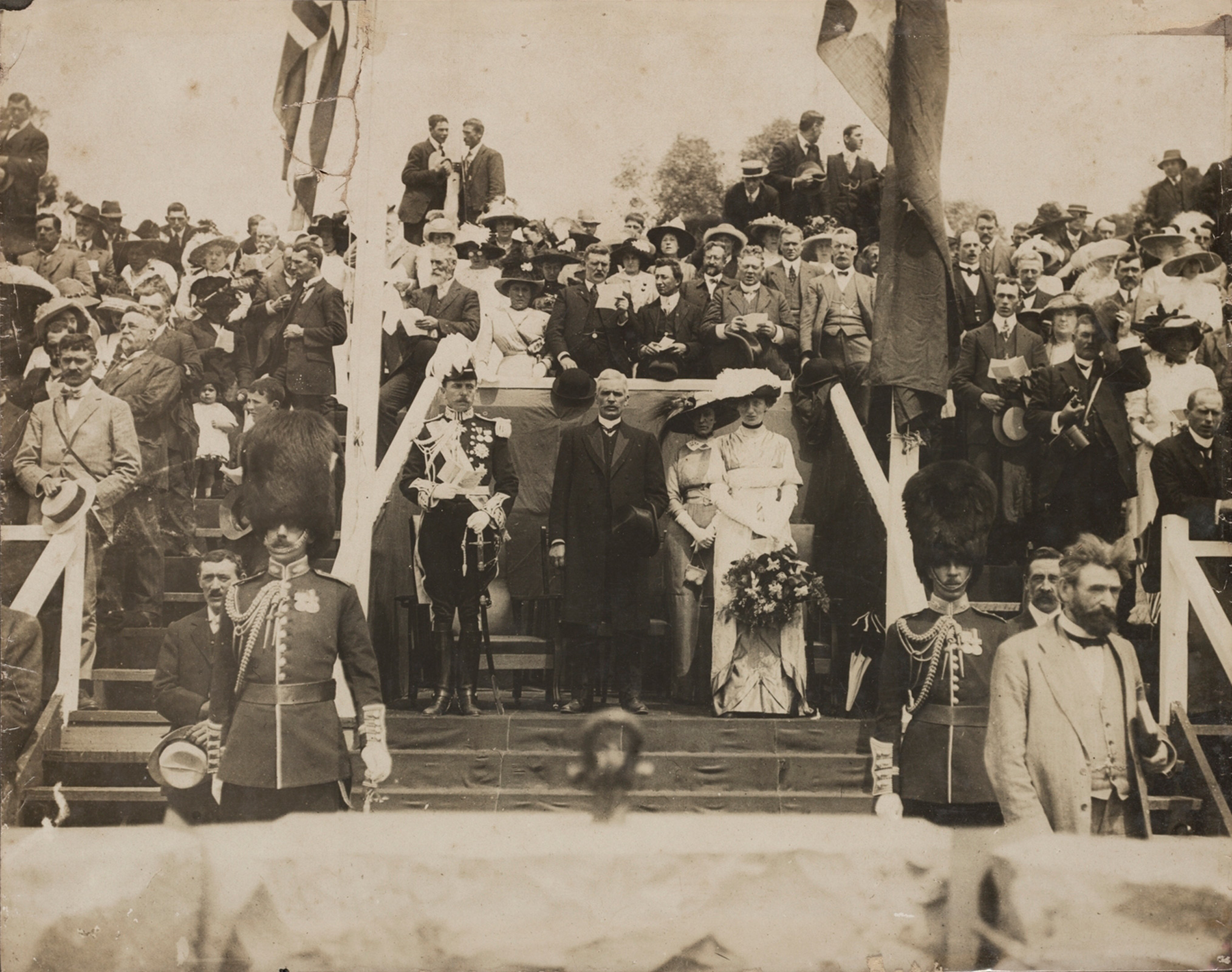 Governor-General Lord Denman and Lady Denman, Minister for Home Affairs King O’Malley and Prime Minister Andrew Fisher at the official ceremony on Capital Hill to mark the commencement of work on Canberra, 12 March 1913