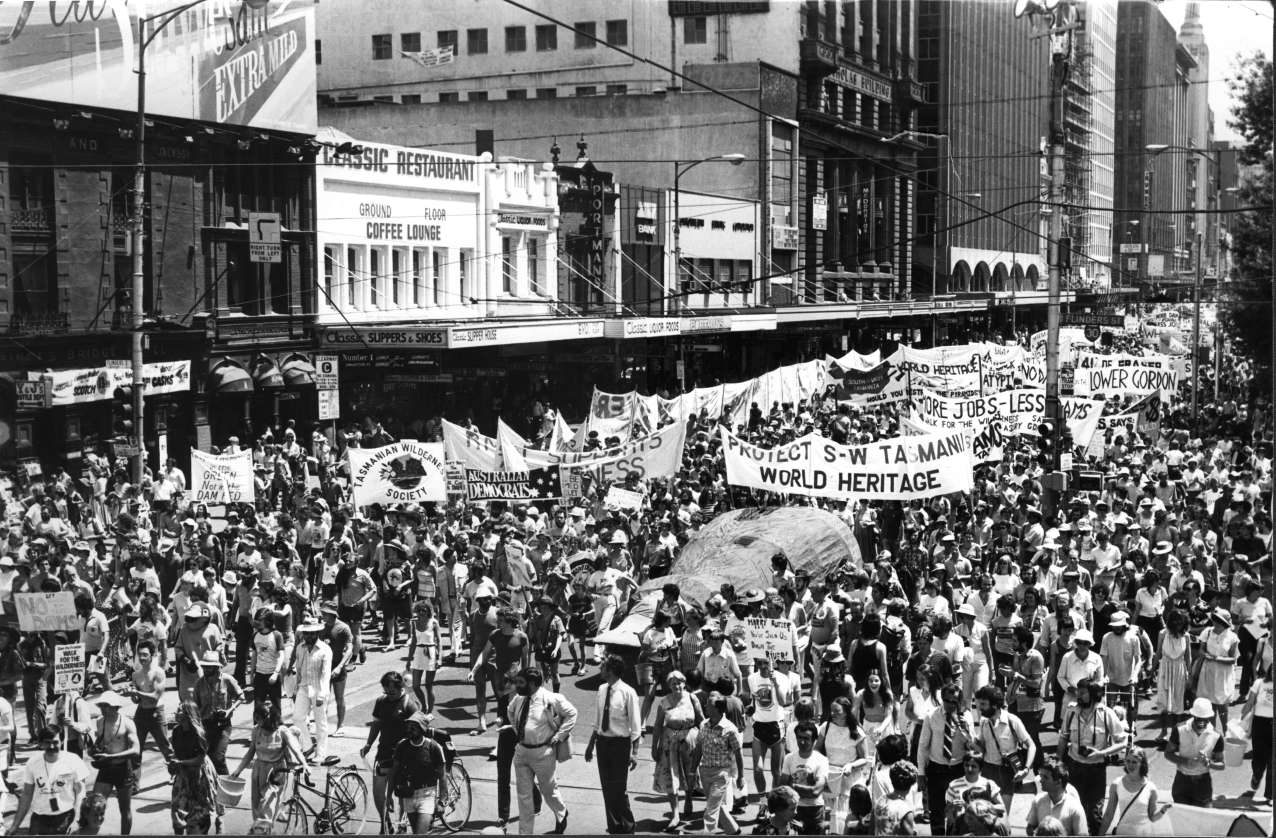 Melbourne rally in support of the Franklin River campaign, corner of Swanston Street and Flinders Street, 13 November 1982