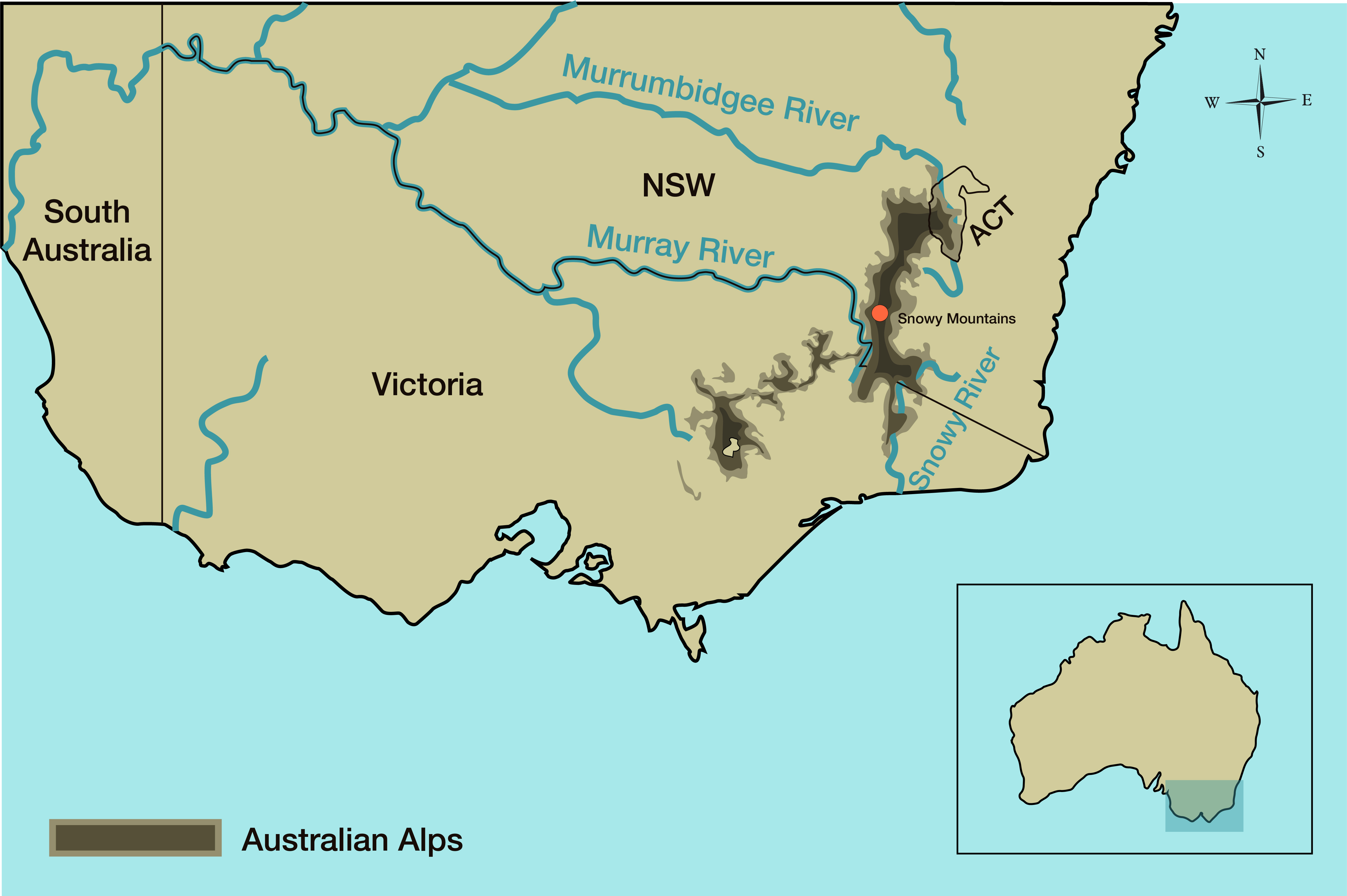 <p>Map showing the location of the Snowy Mountains in the Australian Alps</p>
