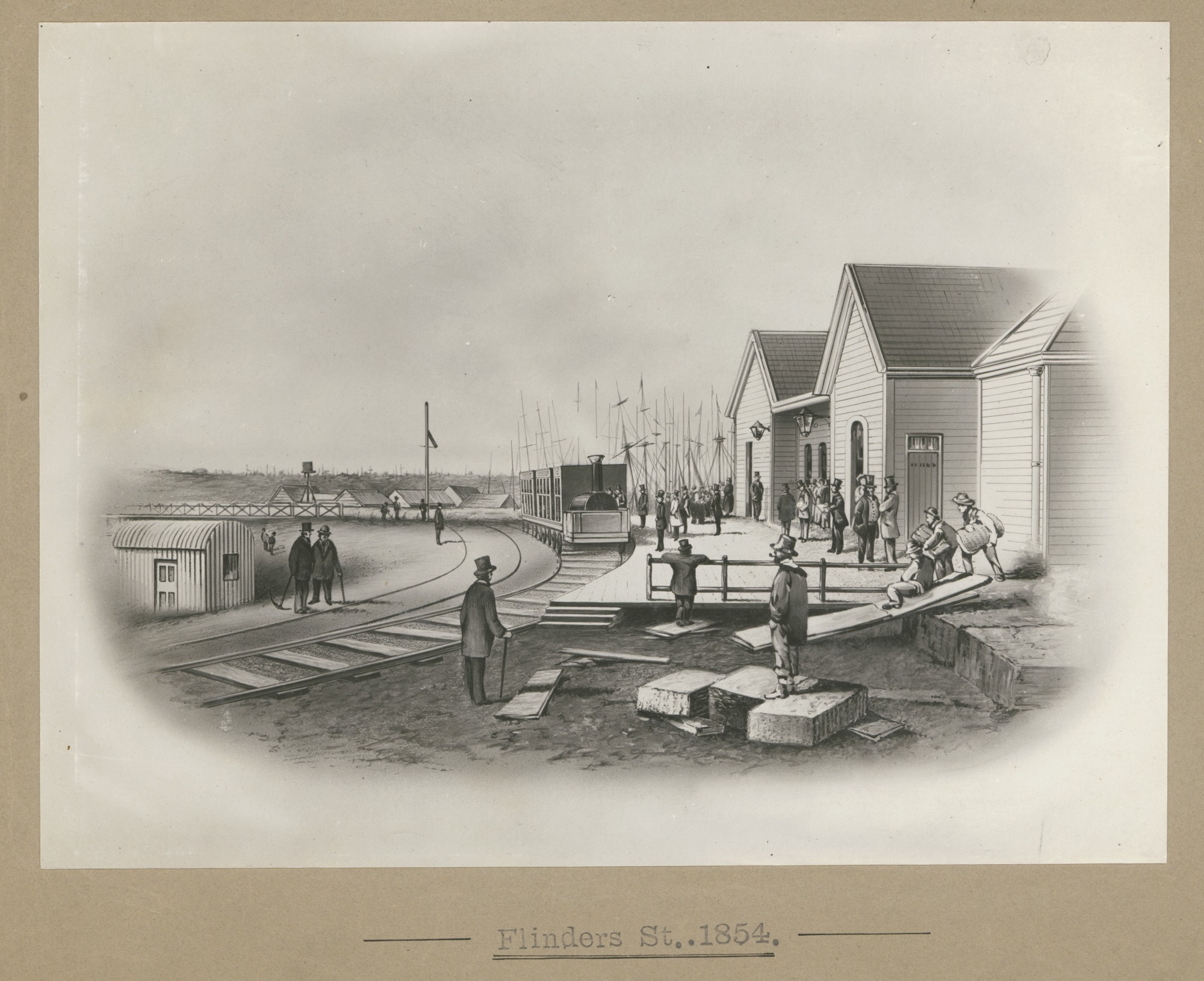 <p>Photograph of an ST Gill drawing of Flinders Street in 1854</p>