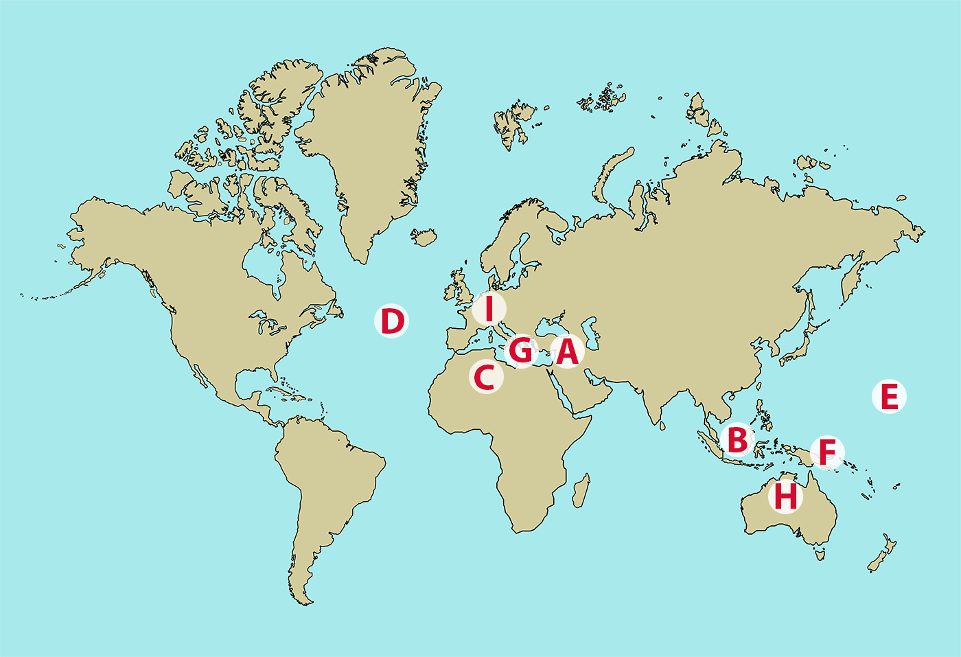 Map of the world labelled with letters A-I